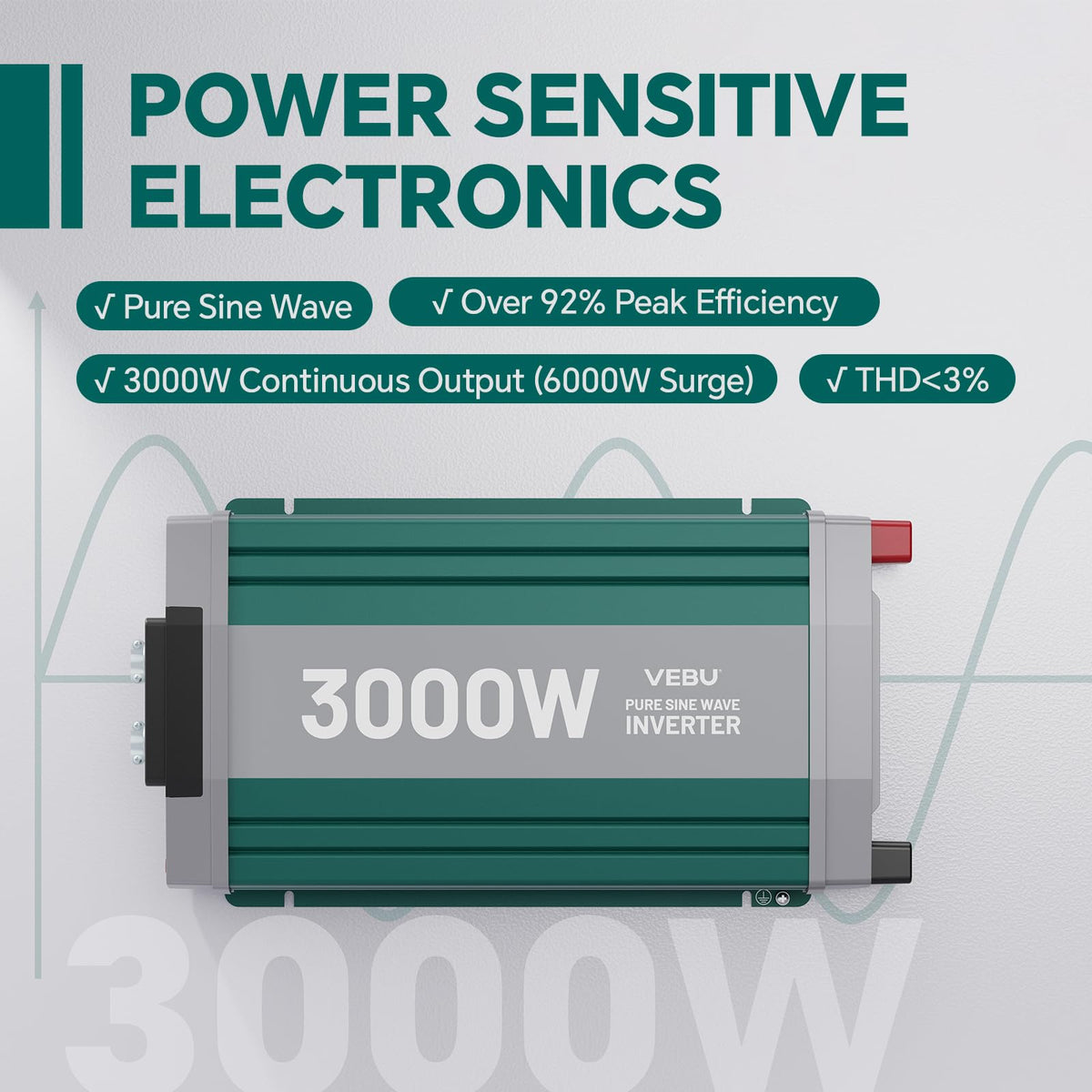 VEBU 3000W Pure Sine Wave Inverter with ATS Mode, 12V DC to AC 120V Converter for Off-Grid System, RV, Truck, Camping, Peak 6000W