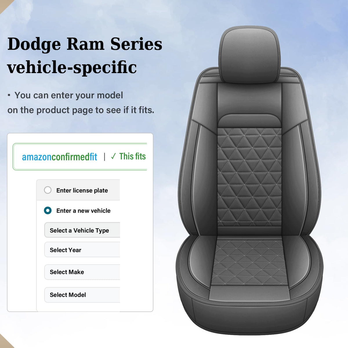 Coverado Leather Car Seat Covers, Waterproof Dooge Ram 1500 Seat Covers Compatible with 2002-2026 Dodge Ram 1500 2500 3500 with Flat Bench (Full Set, Dark Gray)
