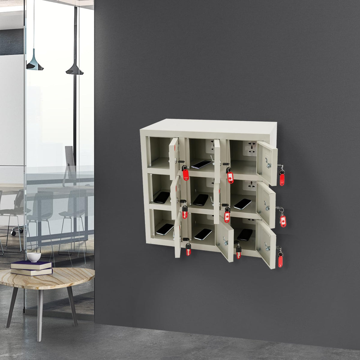 QUEWATSA 9 Slots Cell Phone Locker, Cell Mobile Phone Steel Locker, Cell Phone Locker with Charging Station, Rechargeable Mobile Phone Storage Cabinet with Individual Charging Outlets