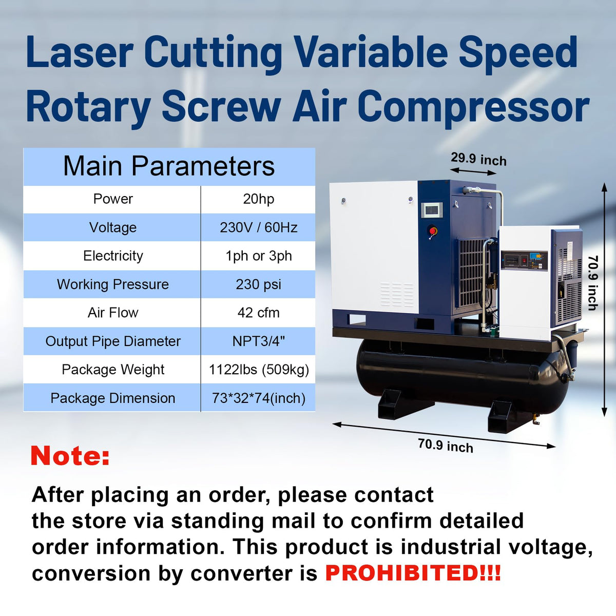 DAVV 20HP/15KW VSD Permanent Magnet Rotary Screw Air Compressor for Laser Cutting – 230PSI / 42CFM, 80Gal ASME Tank, Refrigerated Air Dryer & Filters, 230V 3-Phase 60Hz