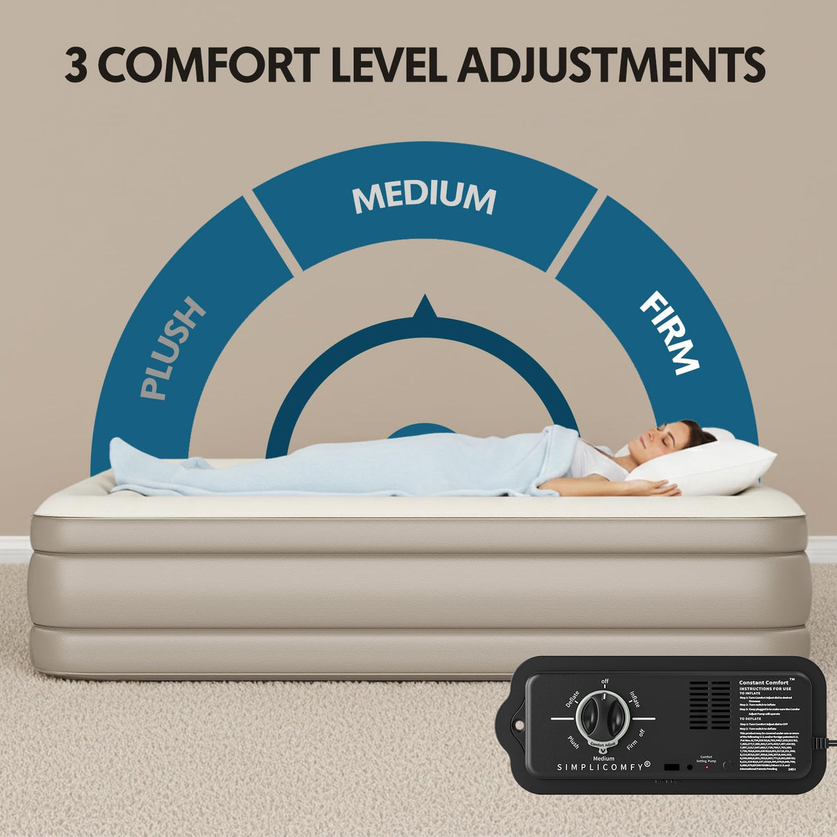 Simpli Comfy Twin Air Mattress with Built-in Patented Constant Comfort Dual Pump, 18" Raised Blow-up Colchon Inflable Mattress, Three Adjustable Firmness Settings, Self-monitoring Air Retention System