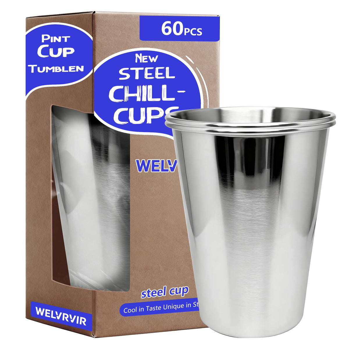 WELVRVIR 20oz 60PCS Stainless Steel Pint Cup,Pint Tumbler,Reusable metal Cups,Stainless Steel Water Tumbler,BPA Free,Stackble,Durable,Unbreakable Metal Drinking Glasses for Bar,Banquet Mugs (60, 20OZ)