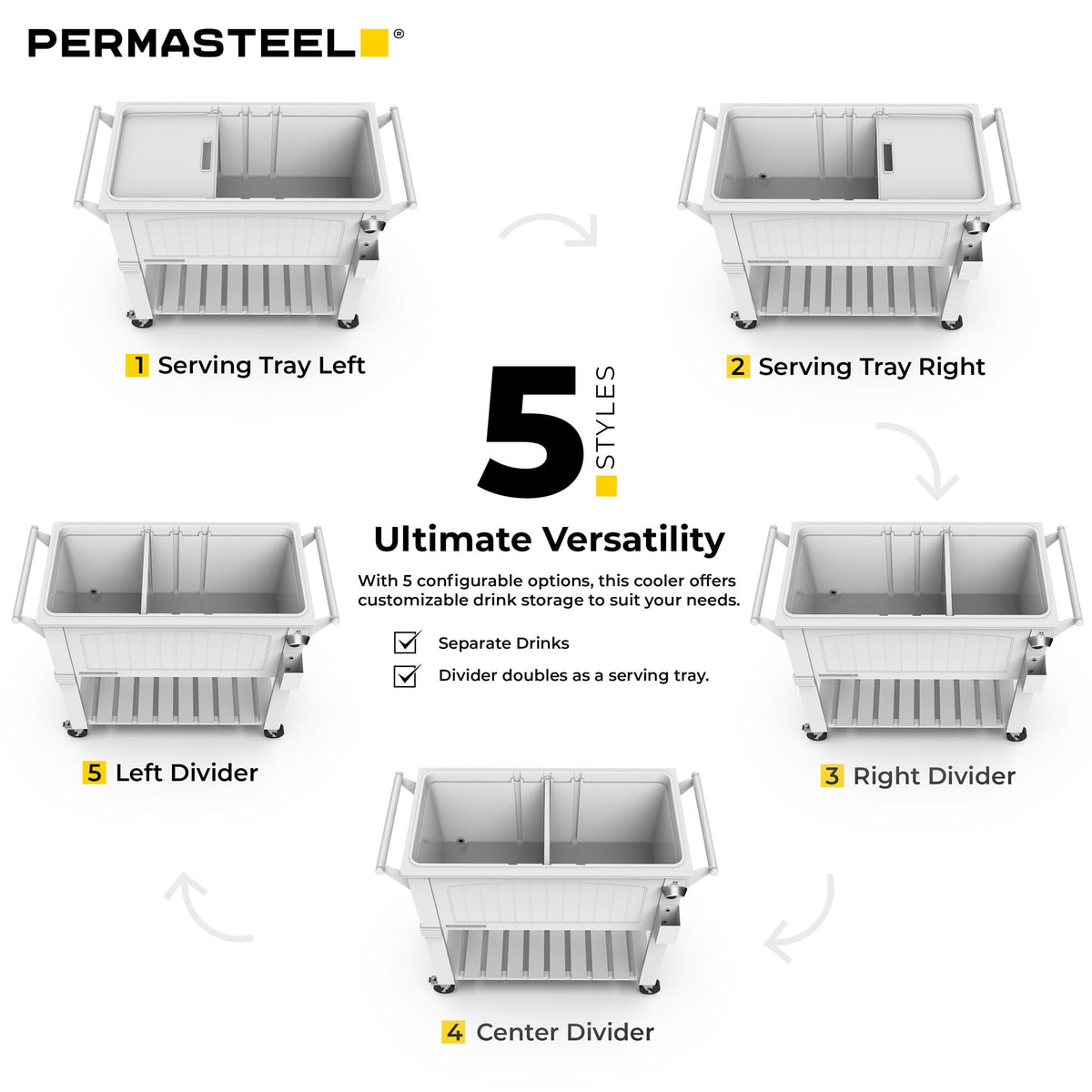 Permasteel Party Cooler with Divider, Spacious 80-Qt Capacity, Chills 36hrs, Serving Tray, Rolling Ice Chest for Indoor and Outdoor Entertainment, Matte White