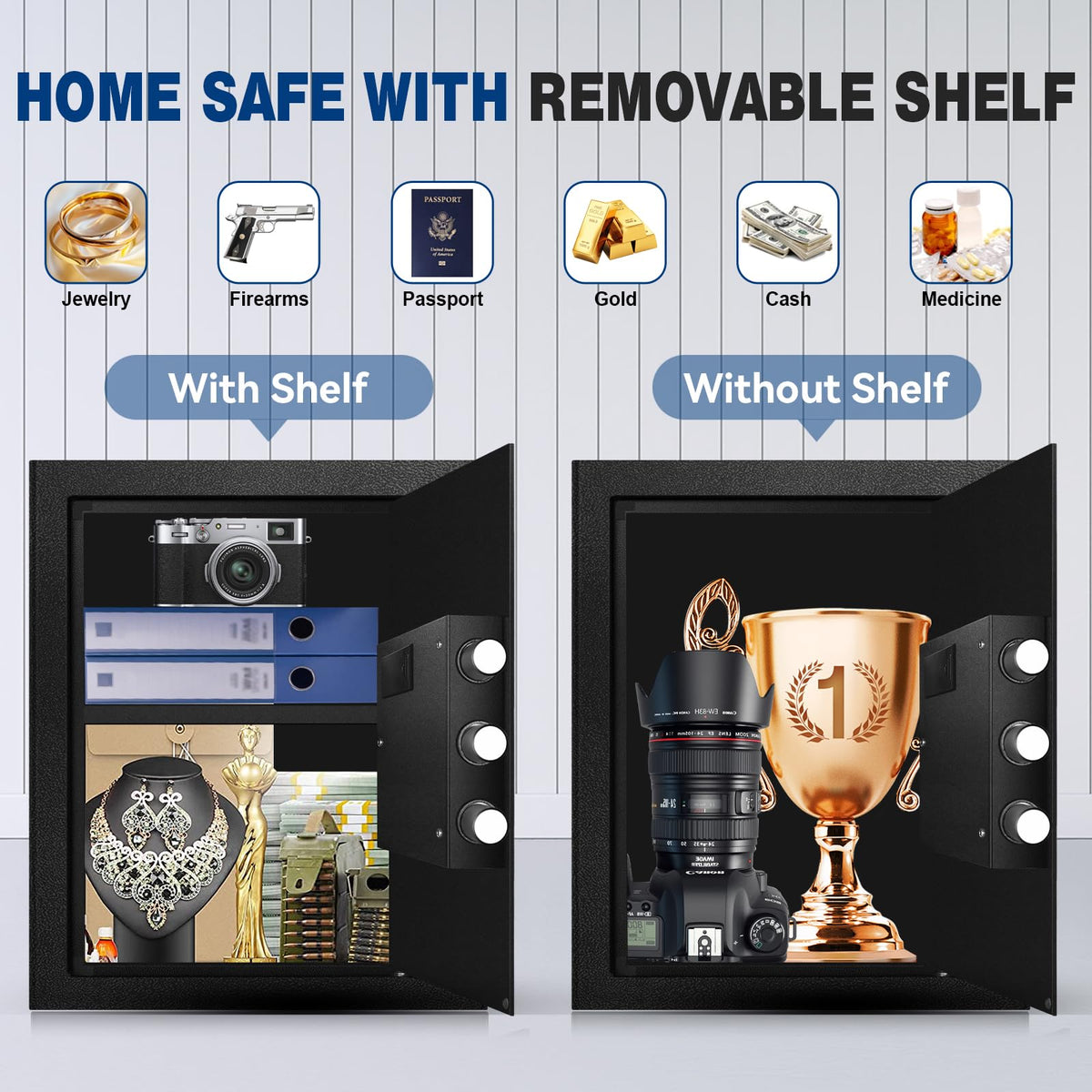 Fdsutvit Fireproof Home Safe Box- Steel Digital Combination Lock Security Box with Type-C Backup & Sensor Light, Key Lock Safety Box for House Office Documents Money Jewelry Handgun - Black 3.2 Cu Ft