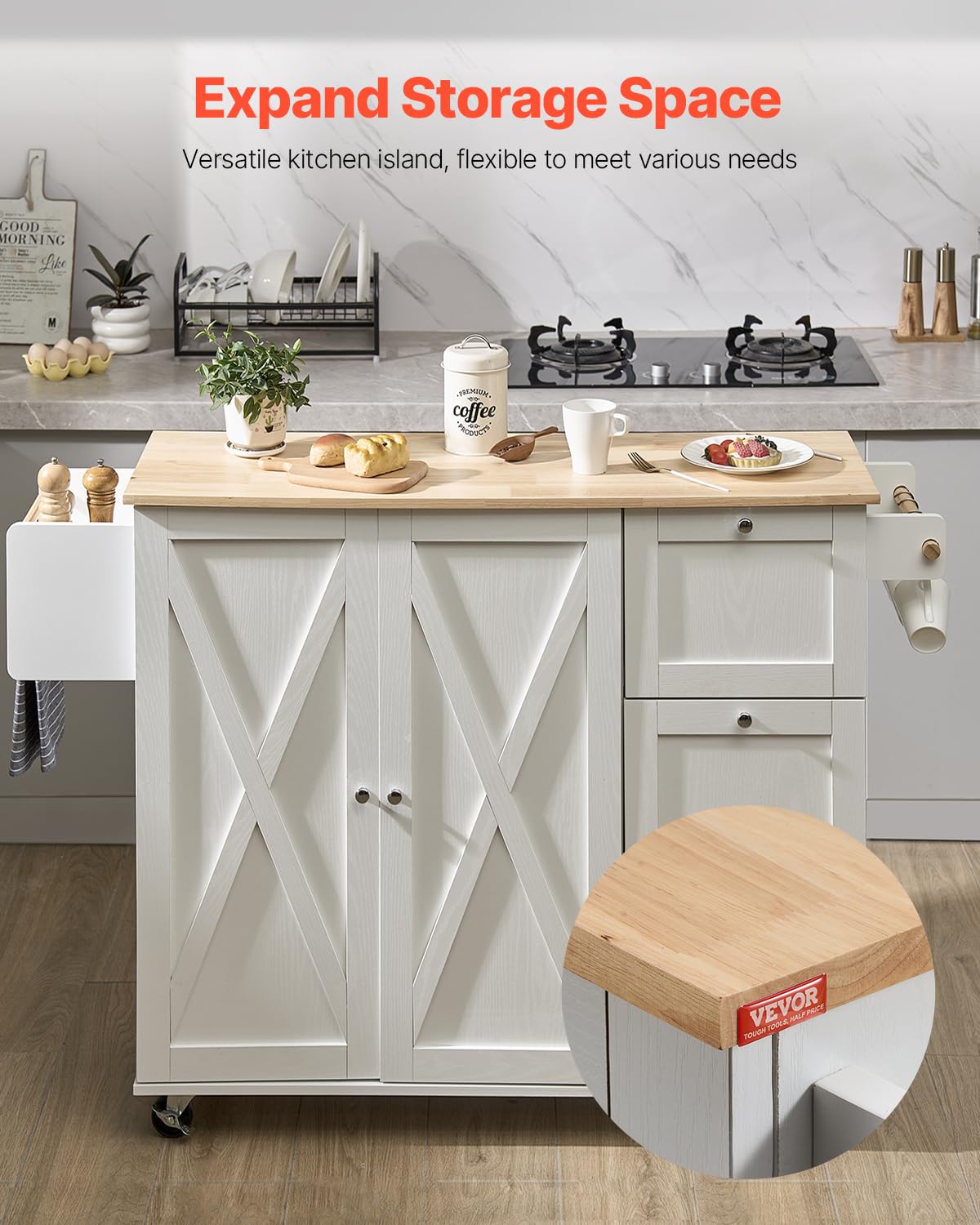 VEVOR Kitchen Island Cart, 45.3x39 inch Rolling Kitchen Table, Mobile Carts with Storage Cabinet and Solid Wood Top, Portable Islands with Wheels, Spice Rack, Towel Rack, Drop Leaf and Drawer, White