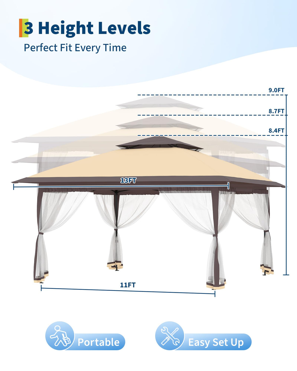 Canopy Tent 13x13 ft, Pop Up Gazebo One-Push Setup with 4 SandBags for Backyard Parties and BBQs, Mosquito Netting & Height Adjustable - Khaki & Coffee