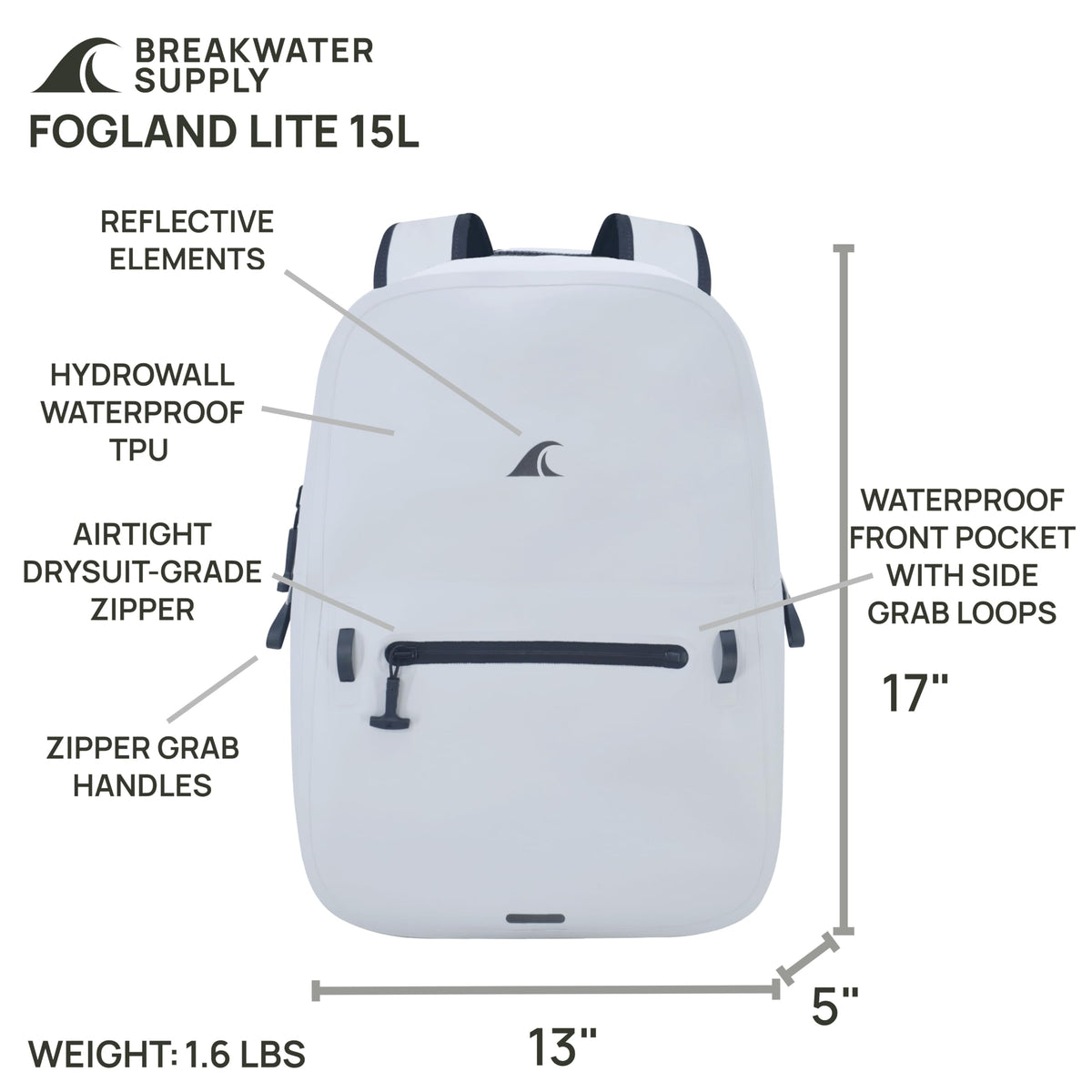Breakwater Supply Waterproof Preparedness Pack, IP68 Submersible Airtight Backpack and Waterproof Marine First Aid Kit for Boating, Fishing, Kayaking (Fogland Lite 15L Fog White)
