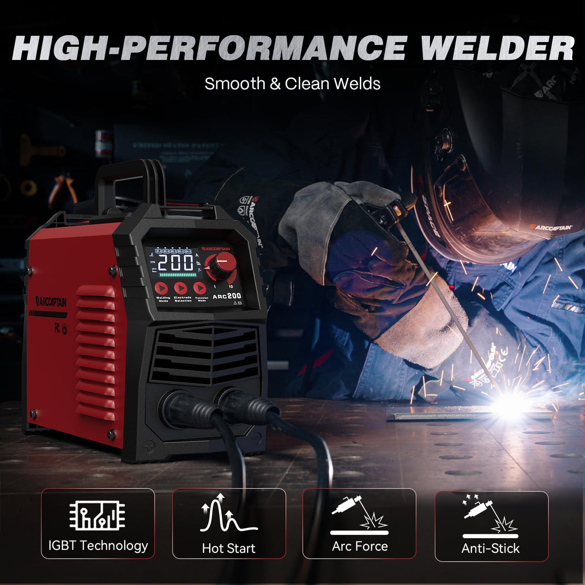 ARCCAPTAIN Stick Welder, [Large LED Display] 200A ARC/Lift TIG Welding Machine with Synergic Control, IGBT Inverter 110V/220V Portable MMA Welder Machine with Hot Start, Arc force and Anti-Stick