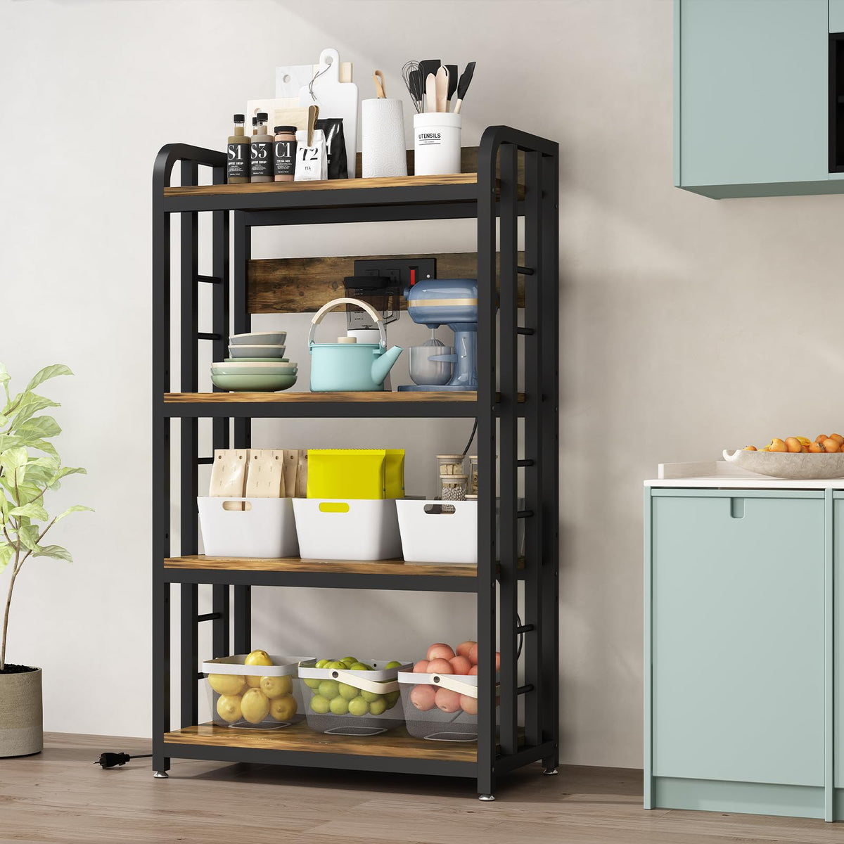 SIREDEEP Bakers Rack with Power Outlet ，4-Tier Kitchen Baker's Rack,Microwave Stand with Storage Suitable for Kitchen, Living Room, Dinning Room，Coffee Bar(Rustic Brown)