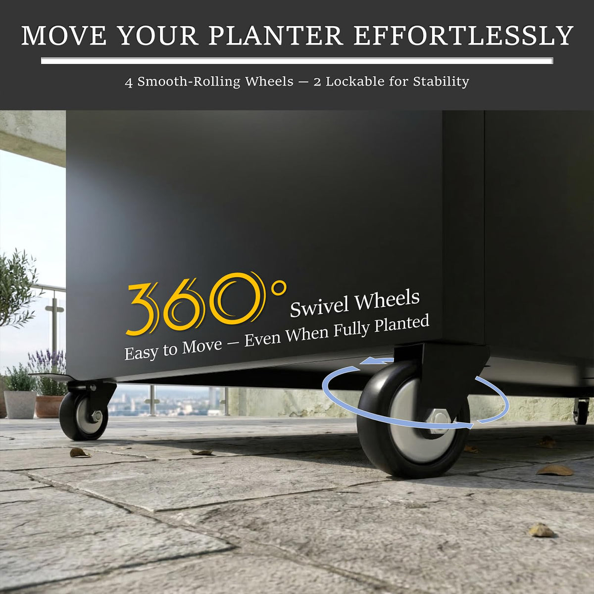 WIZWERK Metal Planter Box with Wheels, 36" Large Rolling Outdoor Planter with Drainage & Removable Shelf, Rectangular Planter Raised Garden Bed for Patio, Balcony, Porch & Backyard, Black