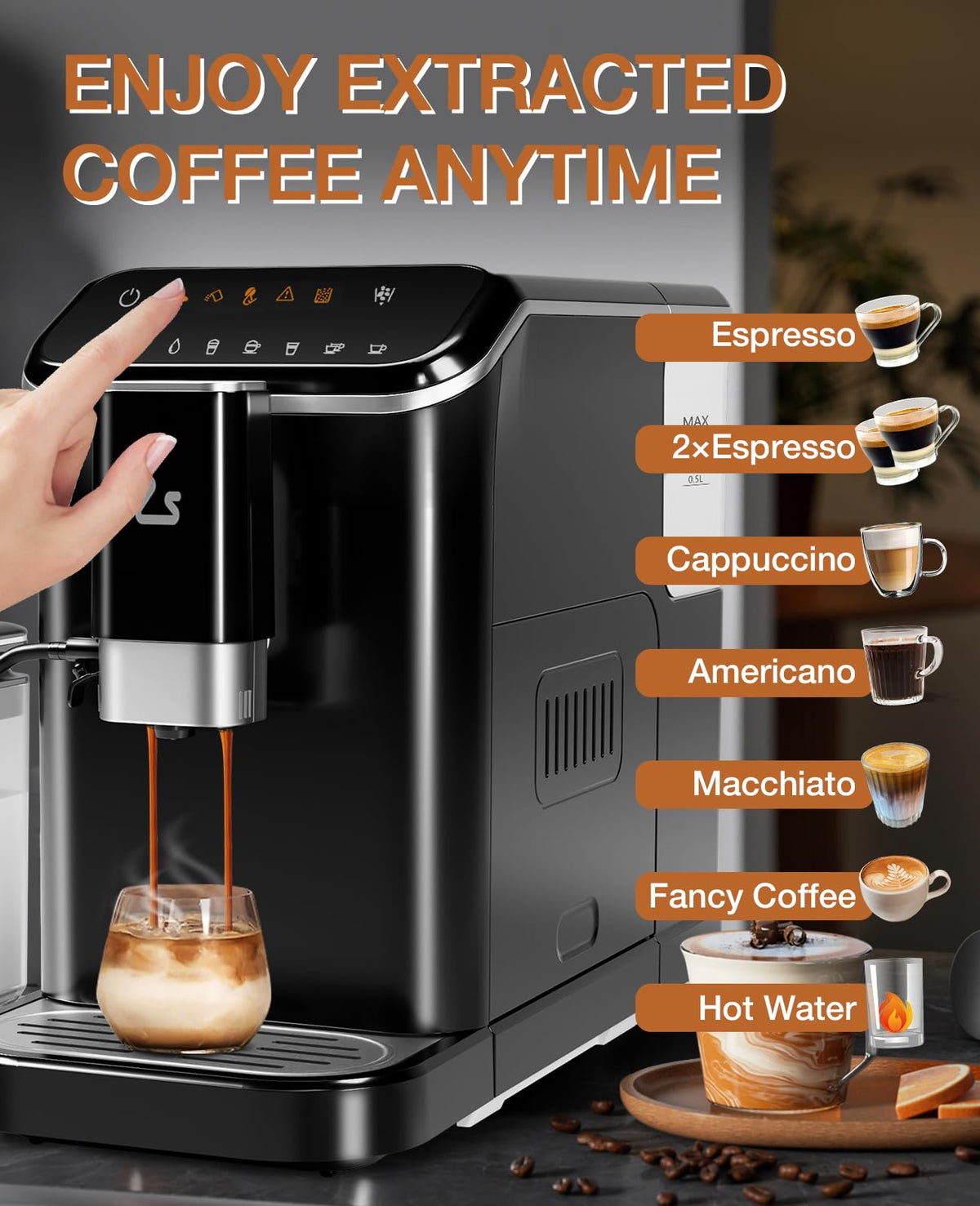 Super Automatic Espresso Machine & Coffee Maker, 20Bar Pressure, Built-in Conical Burr Grinder & Milk Frother, 6 One-Touch Recipes, Auto Clean, 1.5l Water Tank, for Home Office, 120v, Black&Silver