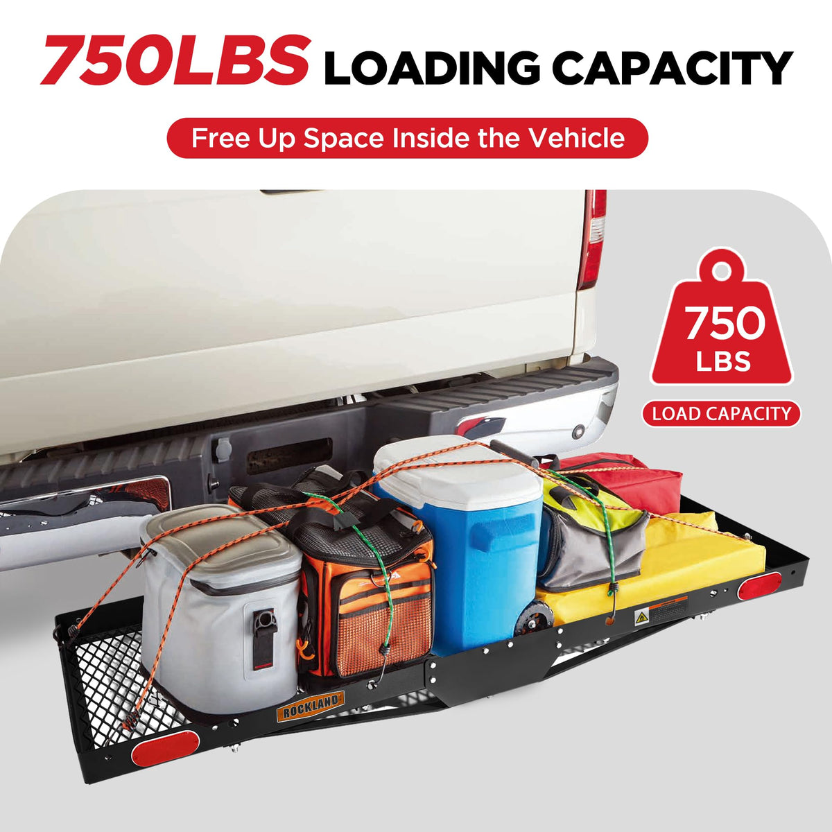 Rockland Steel Foldable Cargo Carrier with Reflectors, 750 LBS Capacity, 60" x 20" x 2.5", Hitch Mount for 2" Receivers, Compatible with Class III & IV, Folding Tray Hitch Basket for Cars SUVS Vans