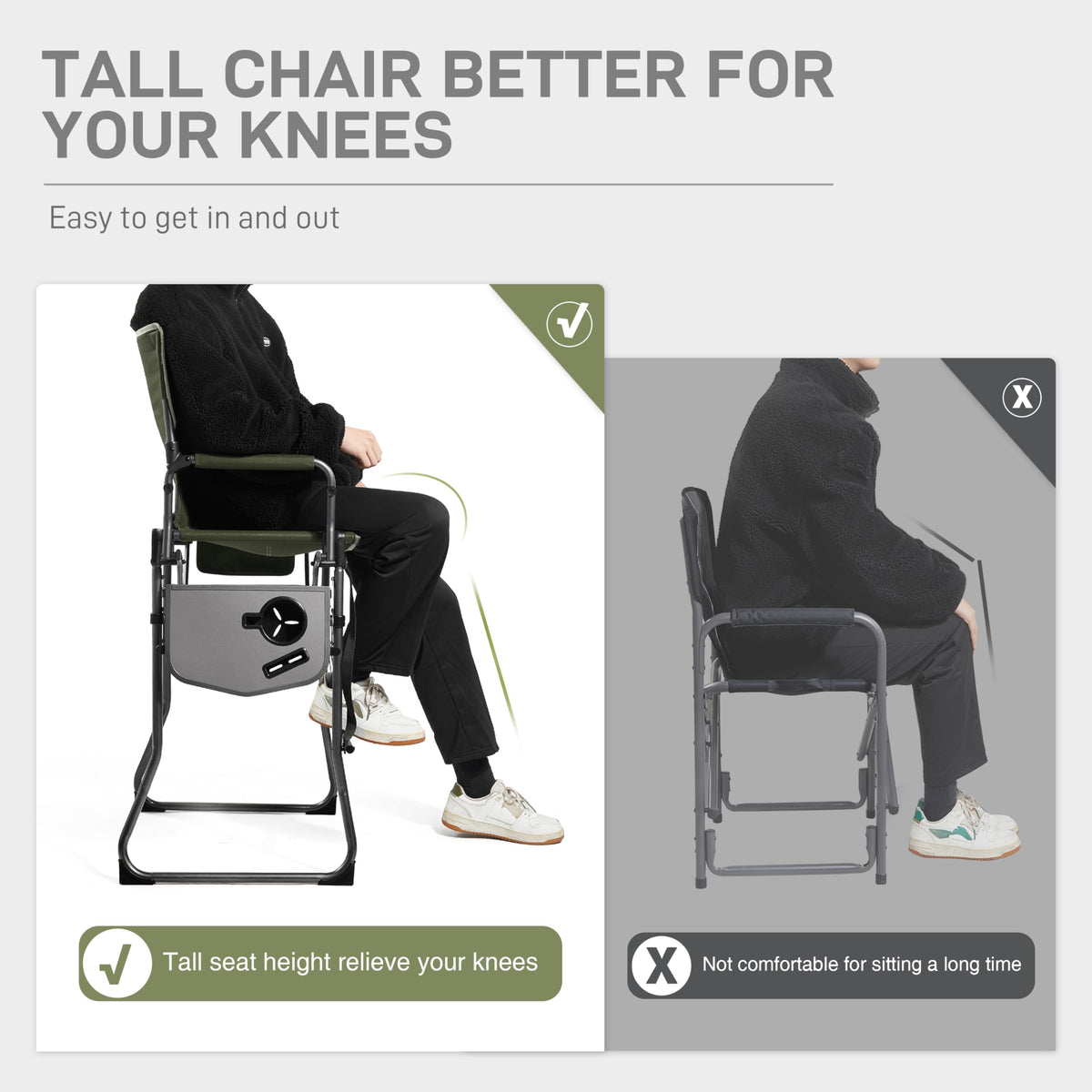 EVER ADVANCED Portable 30.7" Seat Height Tall Folding Camping Chair Directors Chair High Foldable Bar Stool with Side Table for Makeup Artist, Sports Event, Craft Show, Supports 350LBS