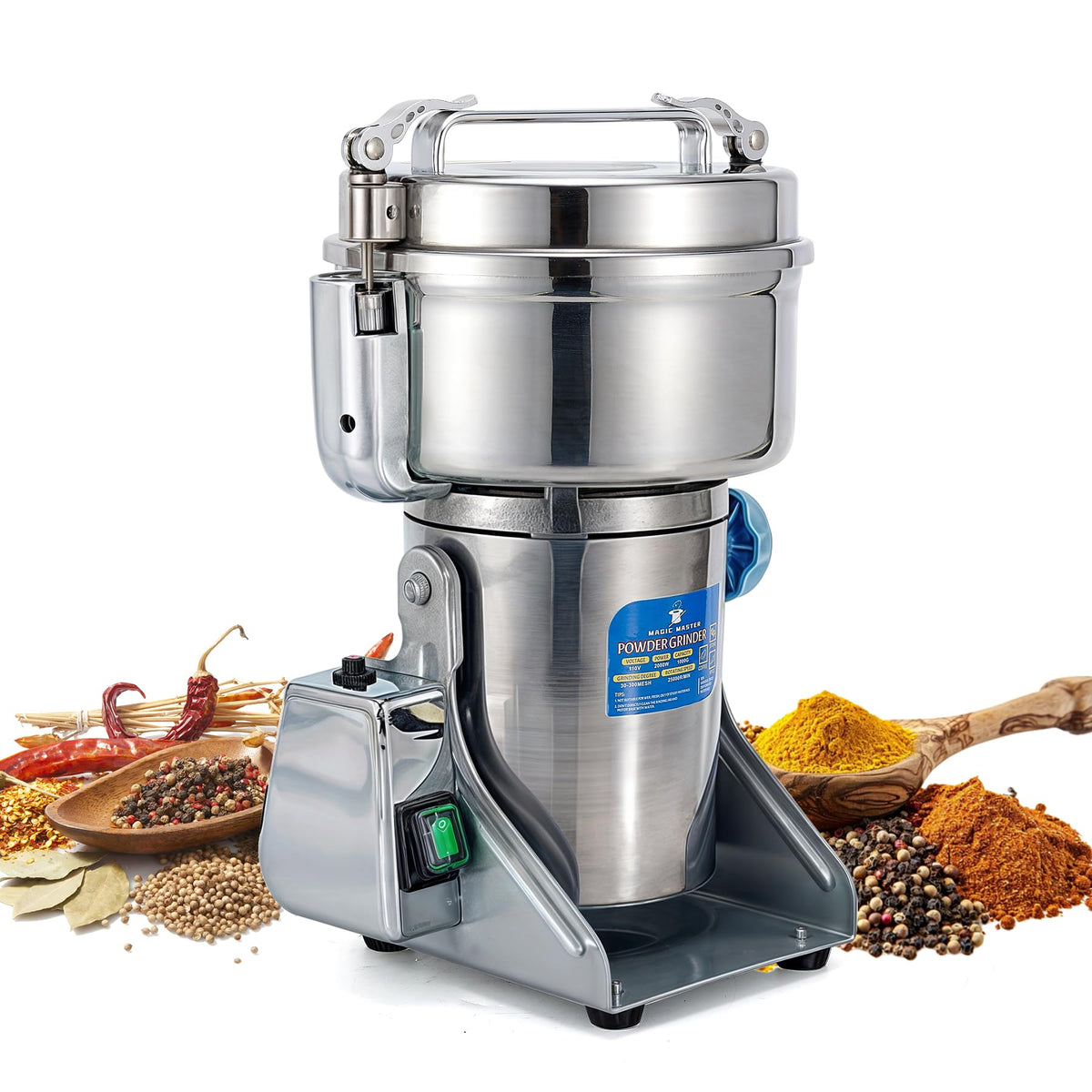 MAGIC MASTER 1000g Grain Mill, High Speed Electric Grinder, Stainless Steel Dry Grinder Machine For Flour, Wheat, Nut, Corn, Rice, Pepper, Herbs, Coffee Beans, Swing, 110V