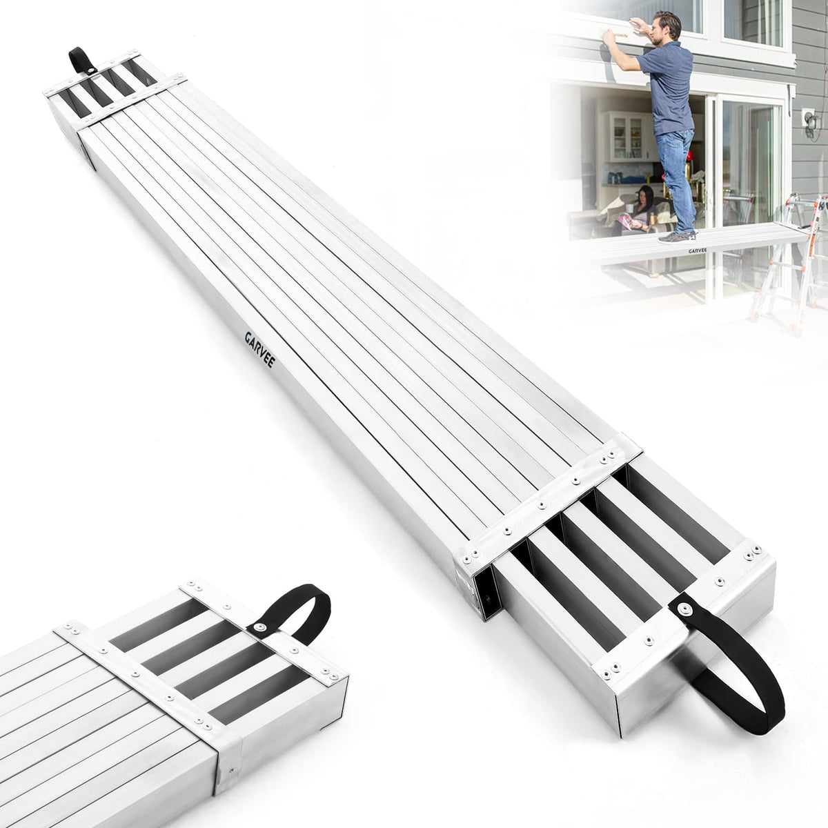 Garvee 9-15FT Aluminum Telescoping Work Plank, 12.5 inch Width Extension Plank, 440Lbs Capacity Extension Boards, Adjustable Scaffolding Plank with Skid-Proof Platform Scaffold Ladder Accessory