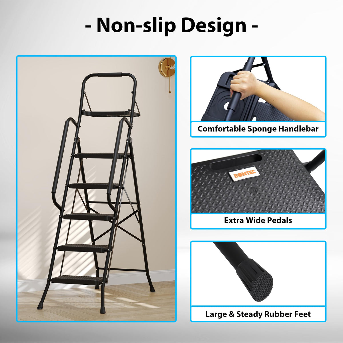 BONTEC 5-Step Ladder, 400lbs Max Load, Folding Step Stool with Tool Tray, Tool Bag, Handrails, Wide Anti-Slip Pedals, Sturdy Steel Ladder for Household & Work Use, Black