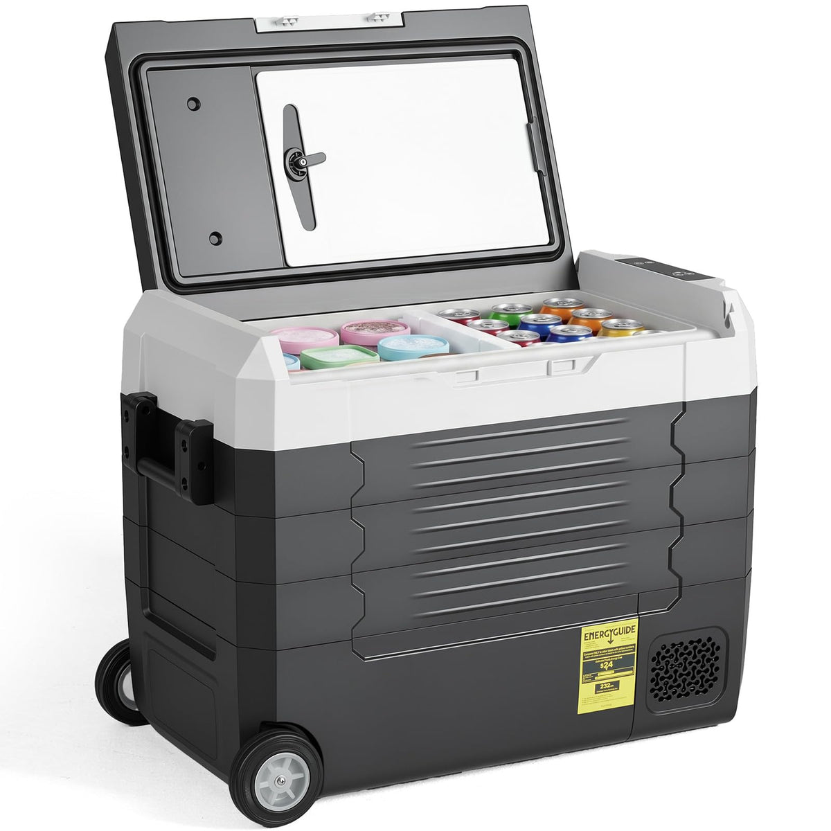 OLIXIS Portable Car Refrigerator, 53QT Dual-Zone Electric Cooler for Vehicles with Wheels & Cutting Board, -4℉-68℉ Freezer Smart Control via Bluetooth, Battery Protection, 12/24V DC & 100-240V AC