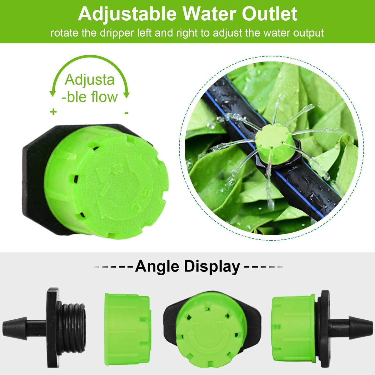 Kalolary 200Pcs Adjustable Irrigation Drippers, 1/4 Inch Barbed Drip Emitter 360 Degree Watering Sprinklers Anti-Clogging Drippers for 4mm/7mm Garden Watering System（Green）