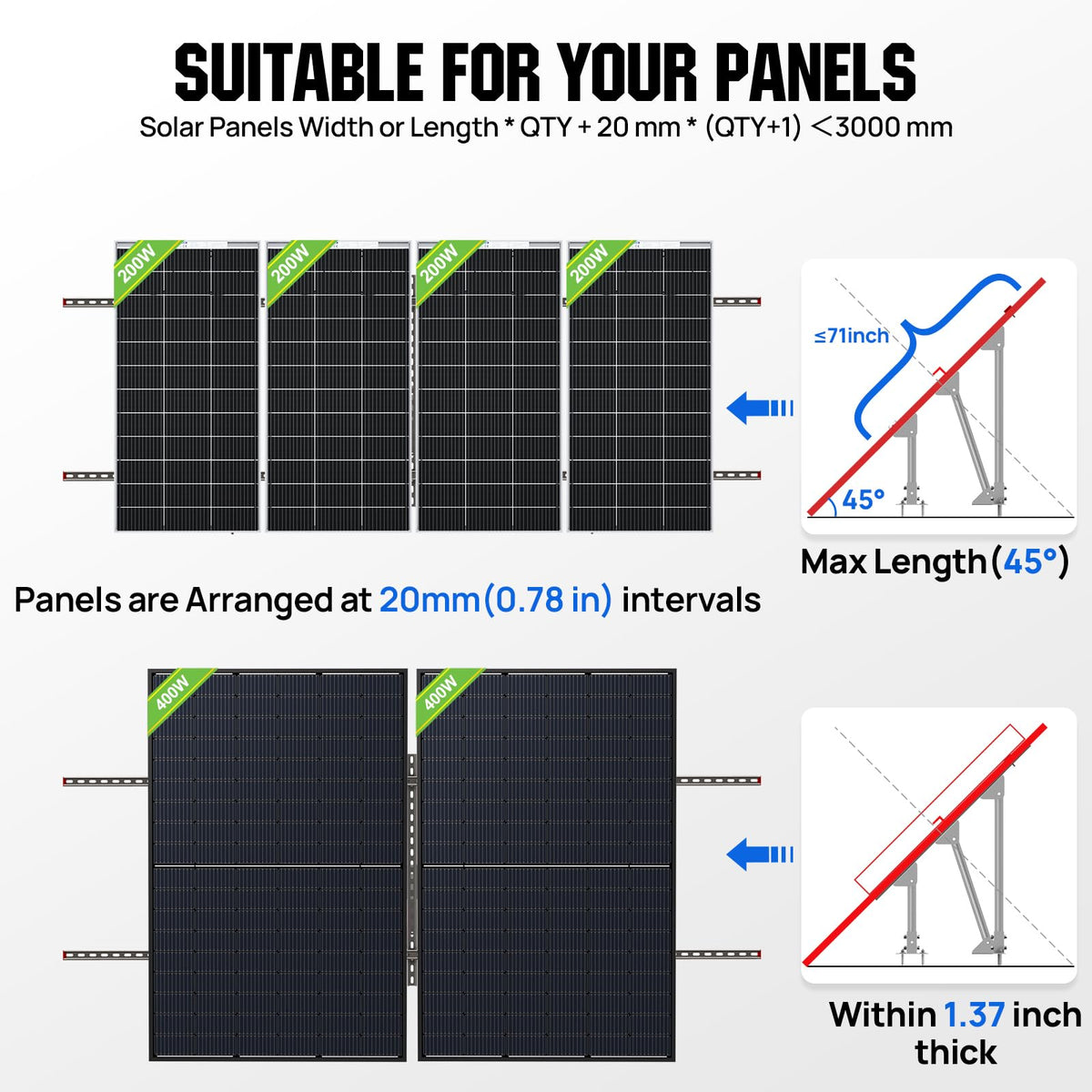 ECO-WORTHY Upgraded Solar Ground Mount Adjustable Multi-Pieces Solar Panel Mounting Brackets Kit System for 4pcs 200W/3pcs 300W/2pcs 400W Solar Panels for Ground,Open Space, Cabins and Backyard Sheds