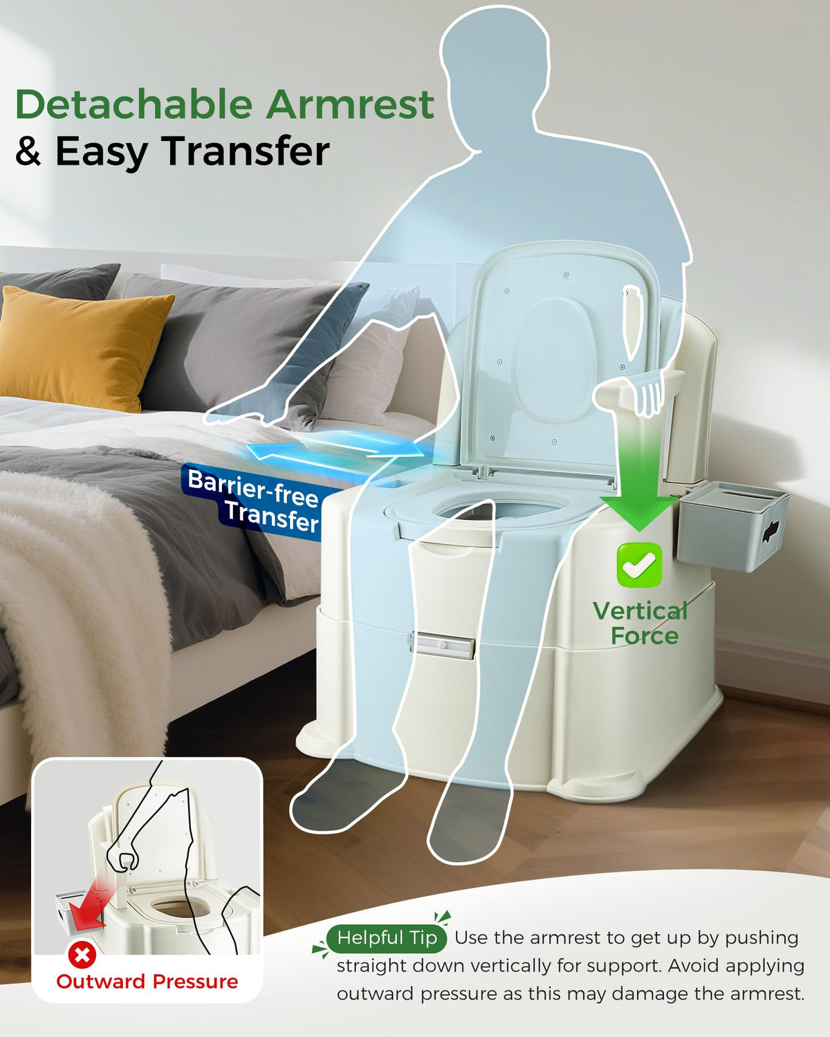 HygiVital Bedside Commode, 500lbs Heavy Duty & Upgraded Commode Toilet Potty Chair, Portable Camping Toilet, Detachable Armrests, Automatic LED Light, 2-Level Height, 3 Rolls of Commode Liners 【Green】
