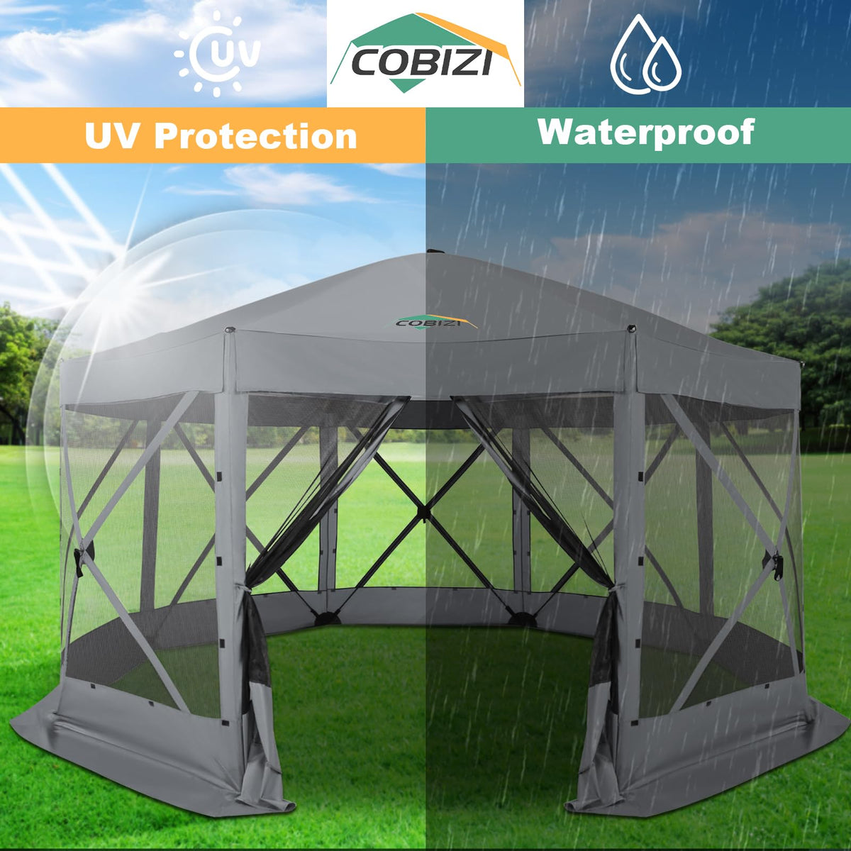 COBIZI 15x15 FT Pop Up Gazebo - Canopy Tent, Large Gazebos On Clearance,Instant Screened in Gazebo,carpas para Patio,Portable Screen Tents for 12-15 Persons Outdoor Camping, Backyard,Gray