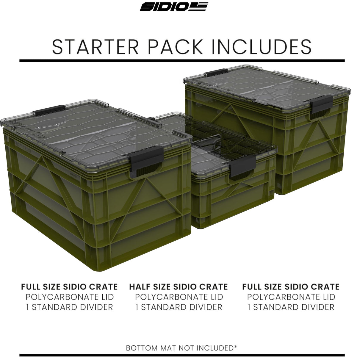 SIDIO CRATE Starter Pack - Two Full Size and One Half Size SidioCrate, Stackable Outdoor Organizer Storage Bins with Clear Lid and Dividers - Green