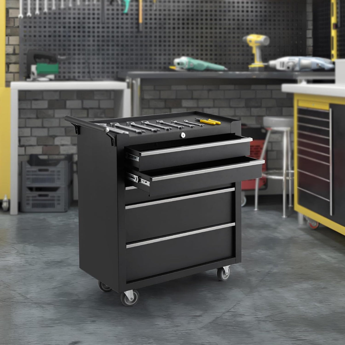 Rolling Tool Box with Wheels, 5 Drawer Tool Storage Cabinet, Portable Toolbox Organizer with Lock, Heavy Duty Tool Chest Cart for Garage, Mechanic, Workshop, Shop, Mobile Tool Organizer, Black