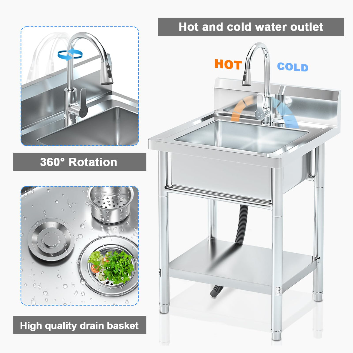 20Inch Stainless Steel Utility Sink, Commercial Single Bowl with Hot & Cold Water Lines, Drain Kit + Base Plate for Kitchen, Garage, Laundry