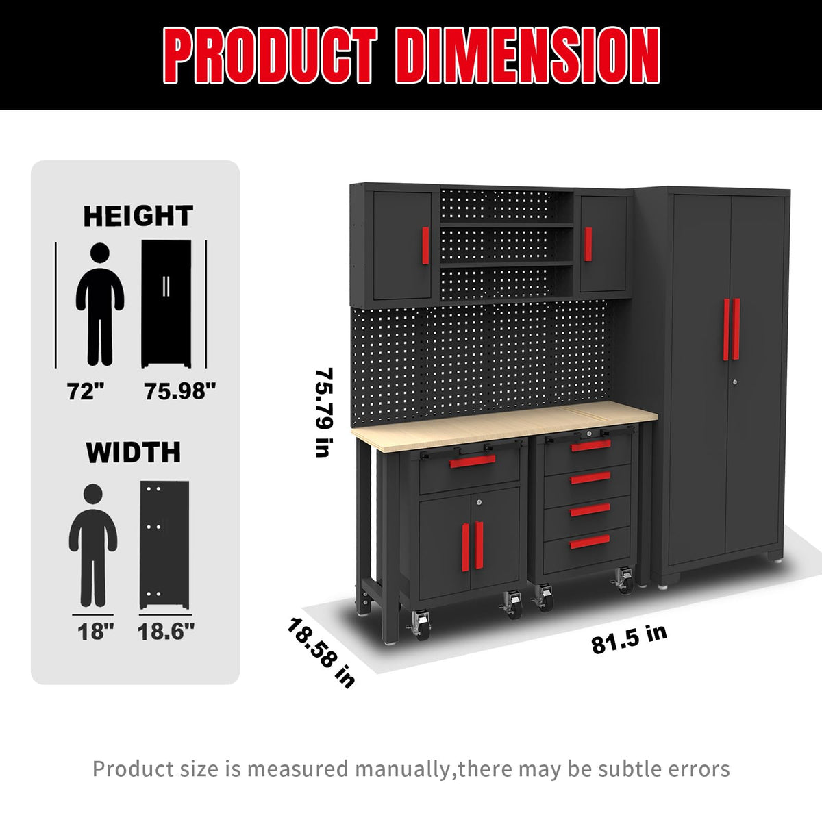 Big RED Garage Storage Cabinets System, 6-Pcs Workshop Cabinet Set in Black, Included Steel Cabinets Drawers Rolling Chest and Pegboard,Locked Garage Storage Cabinet