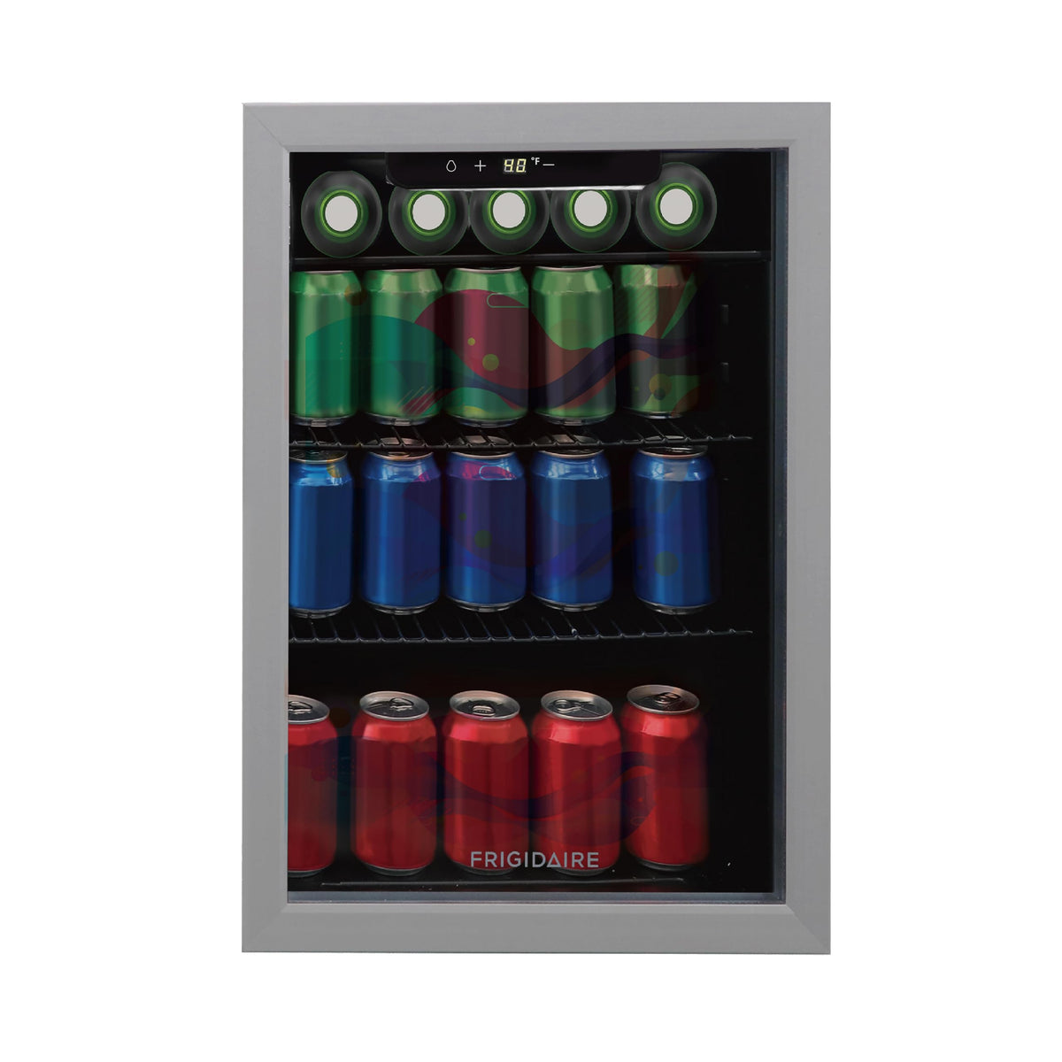 Frigidaire Beverage Fridge Refrigerator with Glass Door, Compact Mini Fridge with Digital Temperature Control Fits 87 Cans or 24 Bottles - 19.29" D x 25" W x 17.51" H, Silver