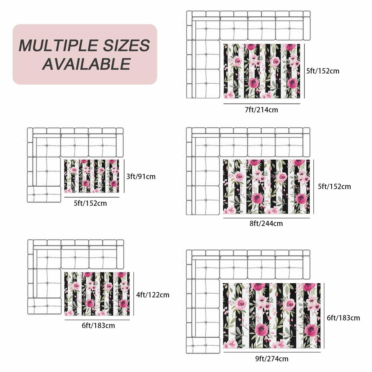 Outdoor Patio Rugs Pink Flowers Illustration Outdoor Area Rug Black and White Stripe Non-Slip Backyard/Camping RV Rug/Deck/Porch Rug Front Door Floor Mat Carpet,5x8ft,