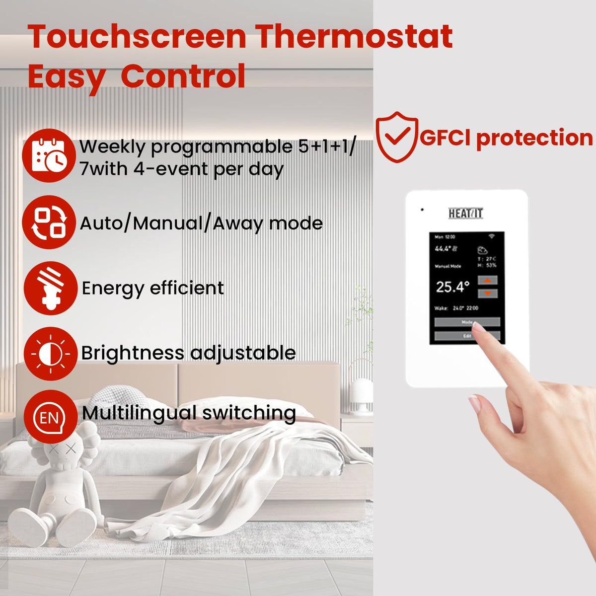 50 sqft HEATIT Warmmat Electric Radiant Self-adhesive Floor Heat Heating System & ET-7A Thermostat & Alarm Monitor