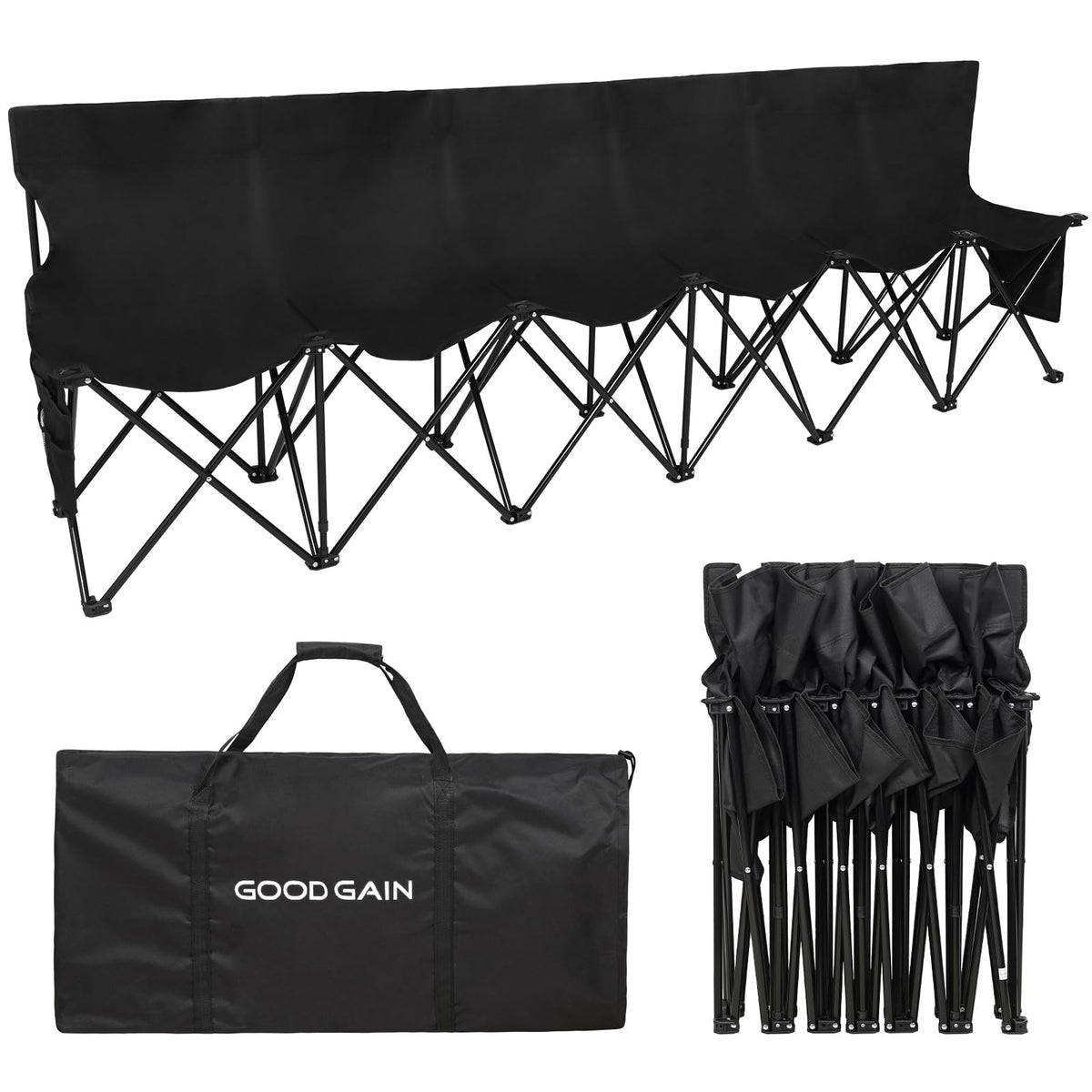 G GOOD GAIN Portable Soccer Bench - Team Bench Soccer 6 Seats with Bag, Sideline Folding Bench, Folded Chair Seating 6 for Football Camp Outdoor Sport Events, Team Chairs for Adults, Black