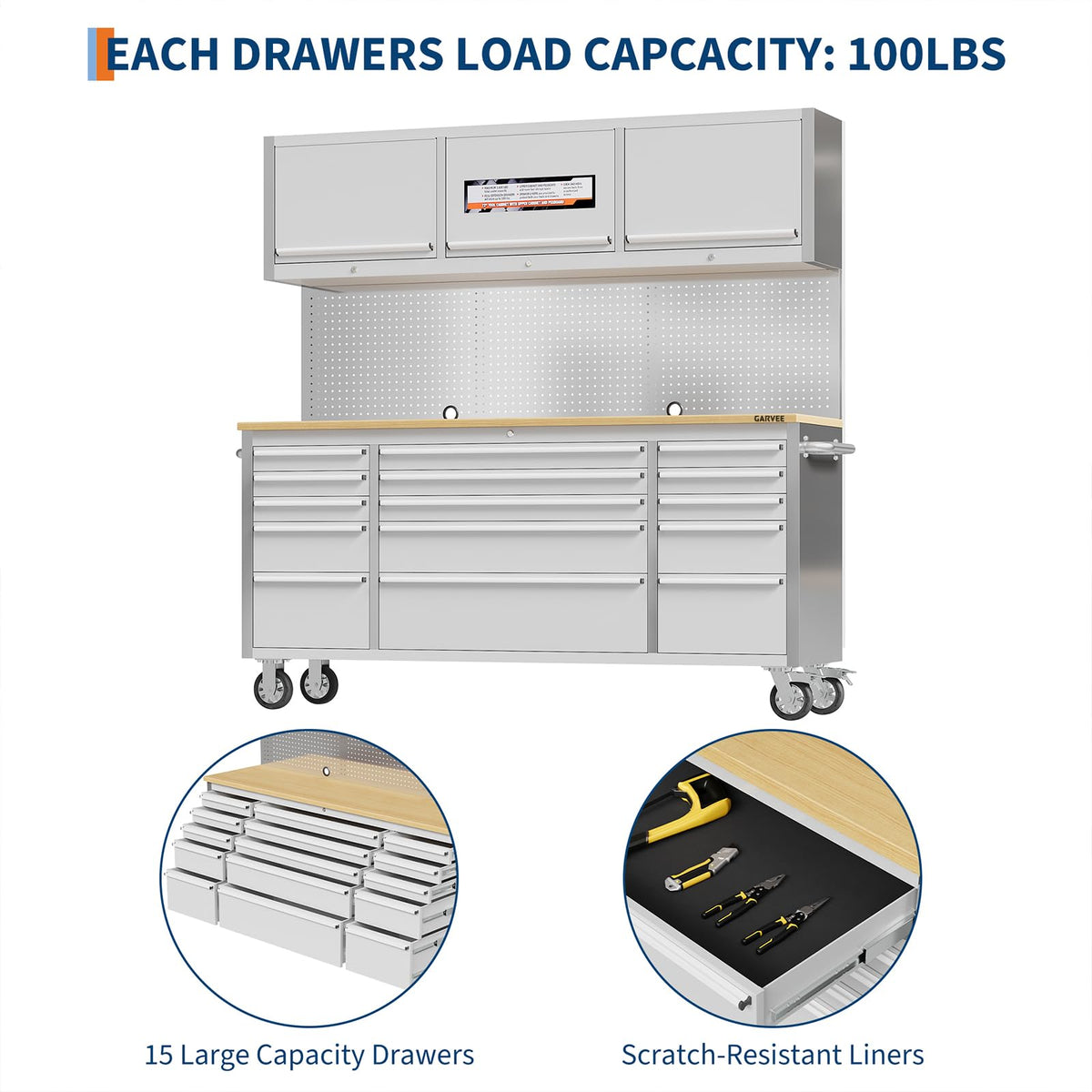 Garvee 72-Inch Heavy-Duty Rolling Tool Chest & Mobile Workbench with 9 Drawers & 3 Top Cabinet, Rubber Wood Tabletop, Key Locking System, Drawer Liners & Wheels, Steel Storage Cabinet for Garage