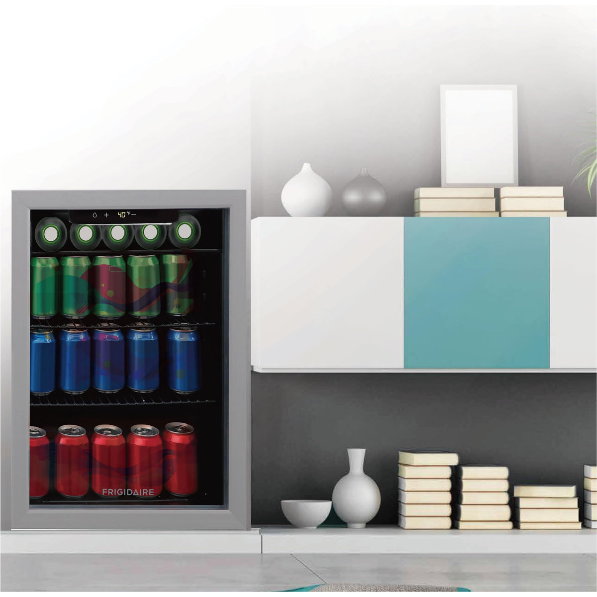 Frigidaire Beverage Fridge Refrigerator with Glass Door, Compact Mini Fridge with Digital Temperature Control Fits 87 Cans or 24 Bottles - 19.29" D x 25" W x 17.51" H, Silver