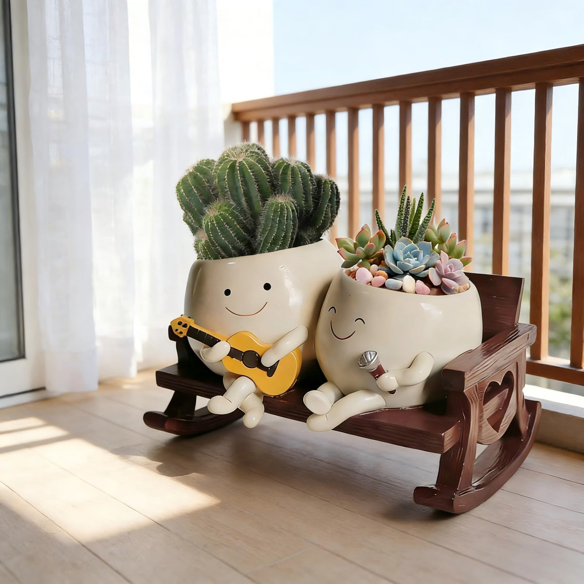 ERRSOU Smiley Face Planter Pot, Cute Funny Heart Rocking Chair Double Head Face Planter Pot with Unique Guitar and Microphone for Indoor Outdoor, Succulent Flower Pots with Drainage Hole ﻿