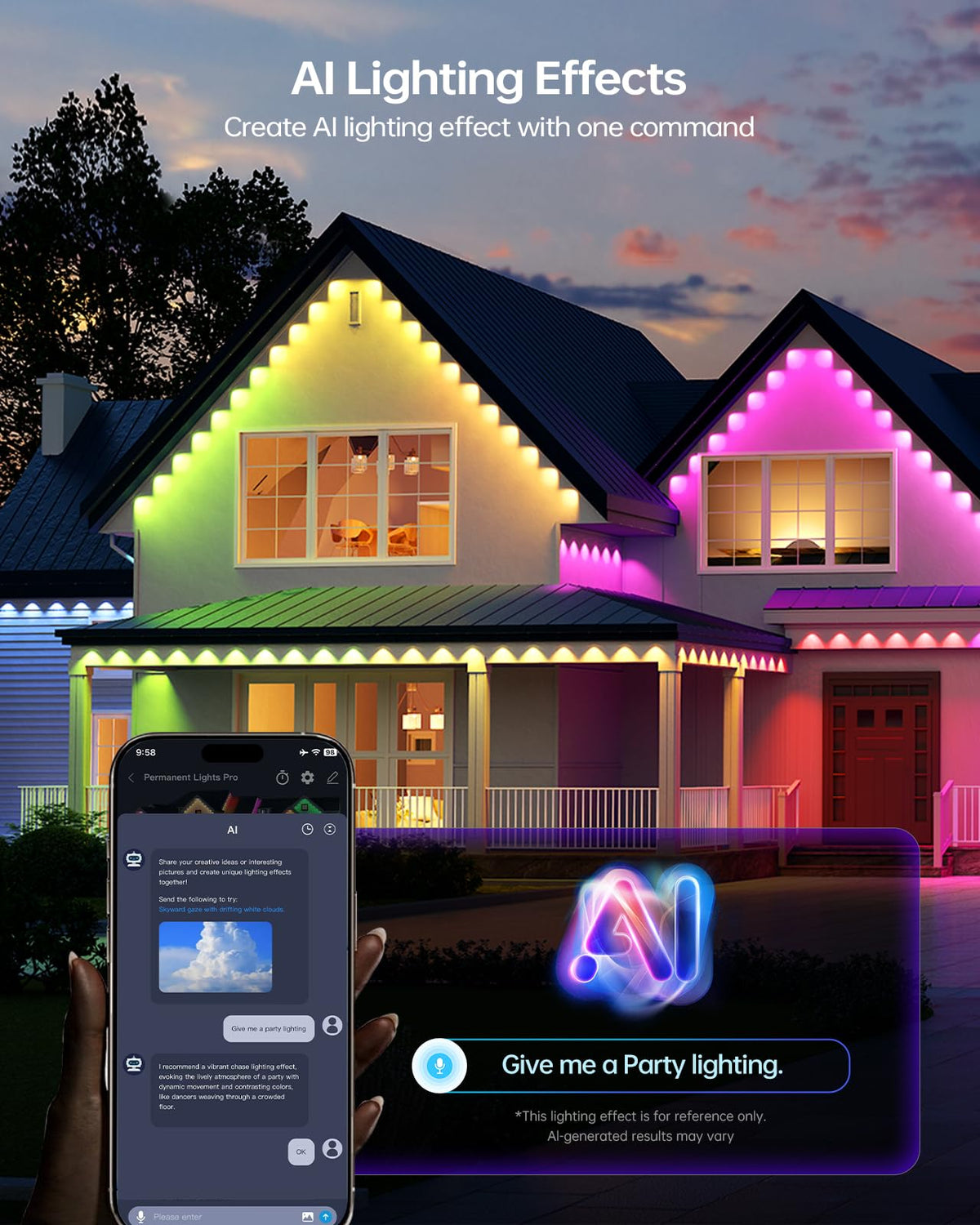 ASAHOM AI Permanent Outdoor Lights S107C, 150FT with 108 RGBCW LED Lights and Dual Output, 30,000 Lighting Effect Combination, IP67 Waterproof for House Halloween Christmas and Daily Decoration, White
