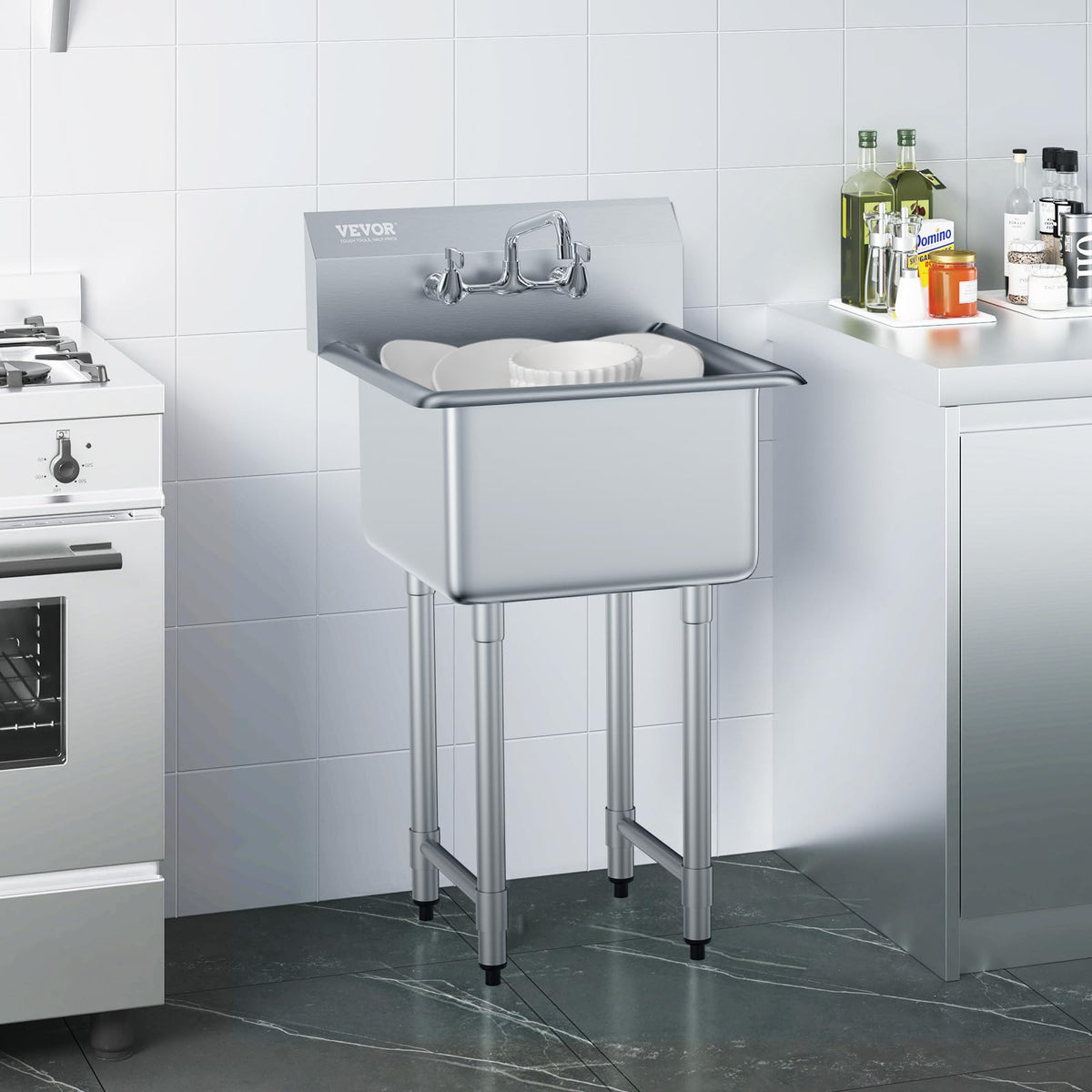 VEVOR Stainless Steel Prep & Utility Sink, 1 Compartment Free Standing Small Sink Include Faucet & legs, 21"x18" Commercial Single Bowl Sinks for Garage, Restaurant, Kitchen, Laundry