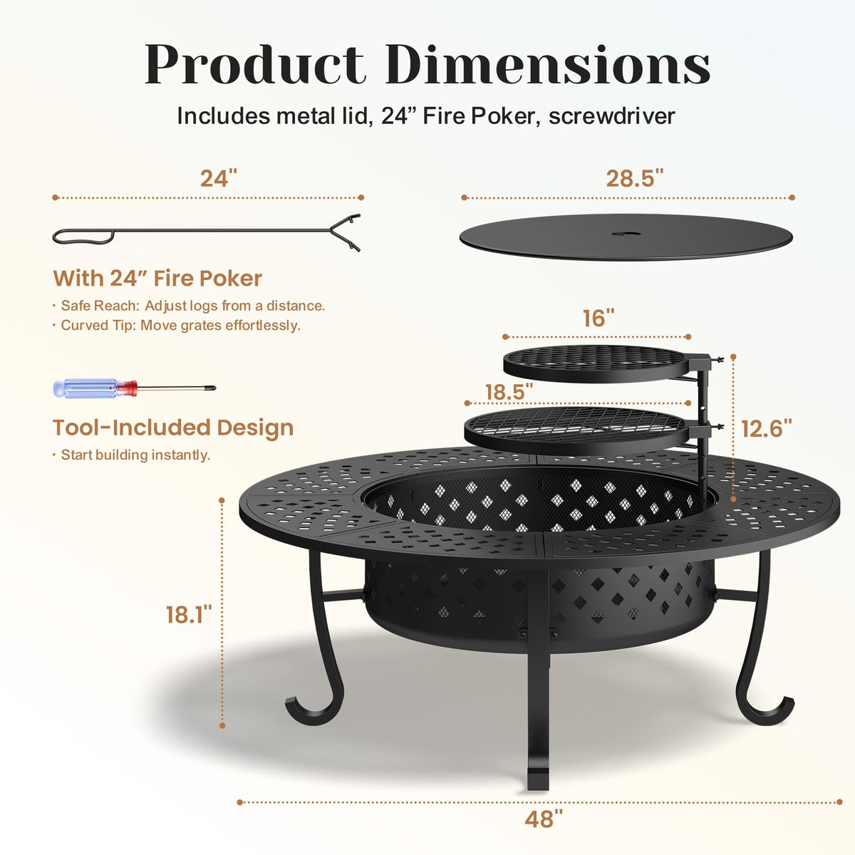 Outdoor Fire Pit, 48" Fire Pit for Outside Wood Burning with Adjustable 2 Grills, Firepit with Lid and Fire Poker, BBQ, Bonfire, Round Outdoor Fireplace 3 in 1 for Patio, Backyard, Garden, Camping