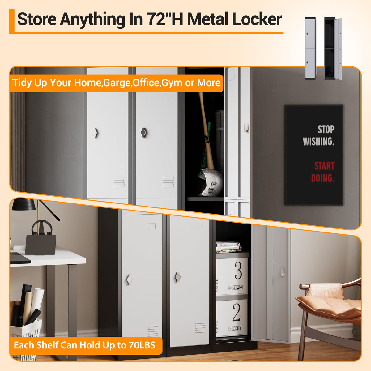 Metal Storage, Locker with 2 Doors and 2 Shelves, Storage Cabinet for Gym, School and Office, Gray.