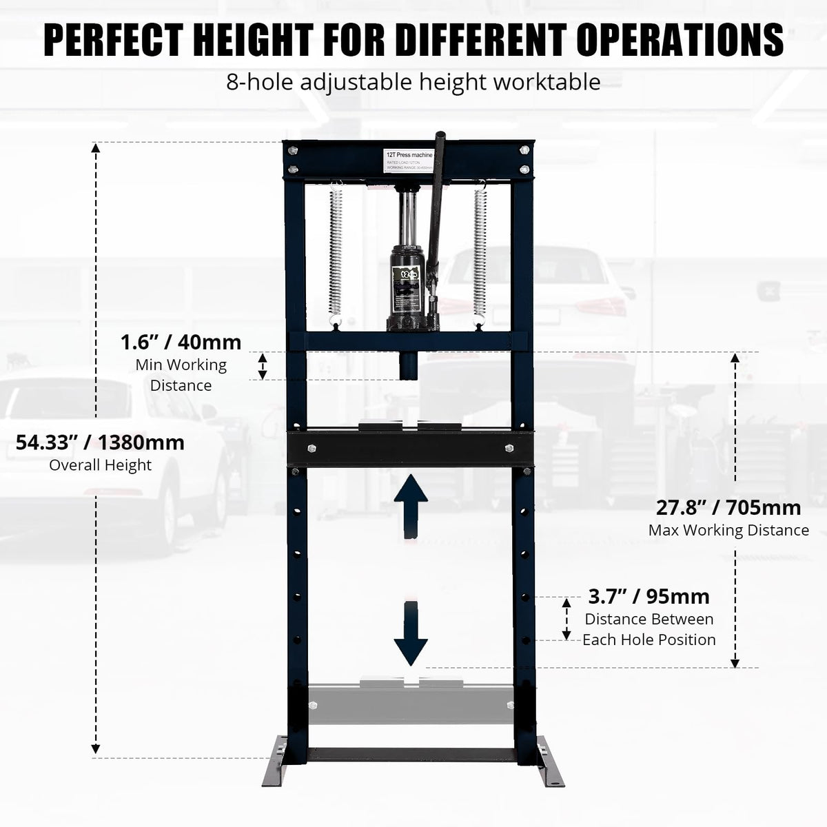 12T Hydraulic Press, Heavy Duty H-Frame Garage Floor Hydraulic Shop Press with Press Plates, Adjustable Working Table Height, for Auto Repair, Black