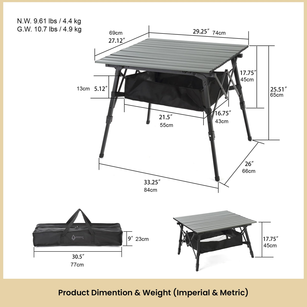 ARROWHEAD OUTDOOR 39" Aluminum Folding Camp Roll Up Table w/Adjustable Height, Undertable Mesh Storage, Carry Bag