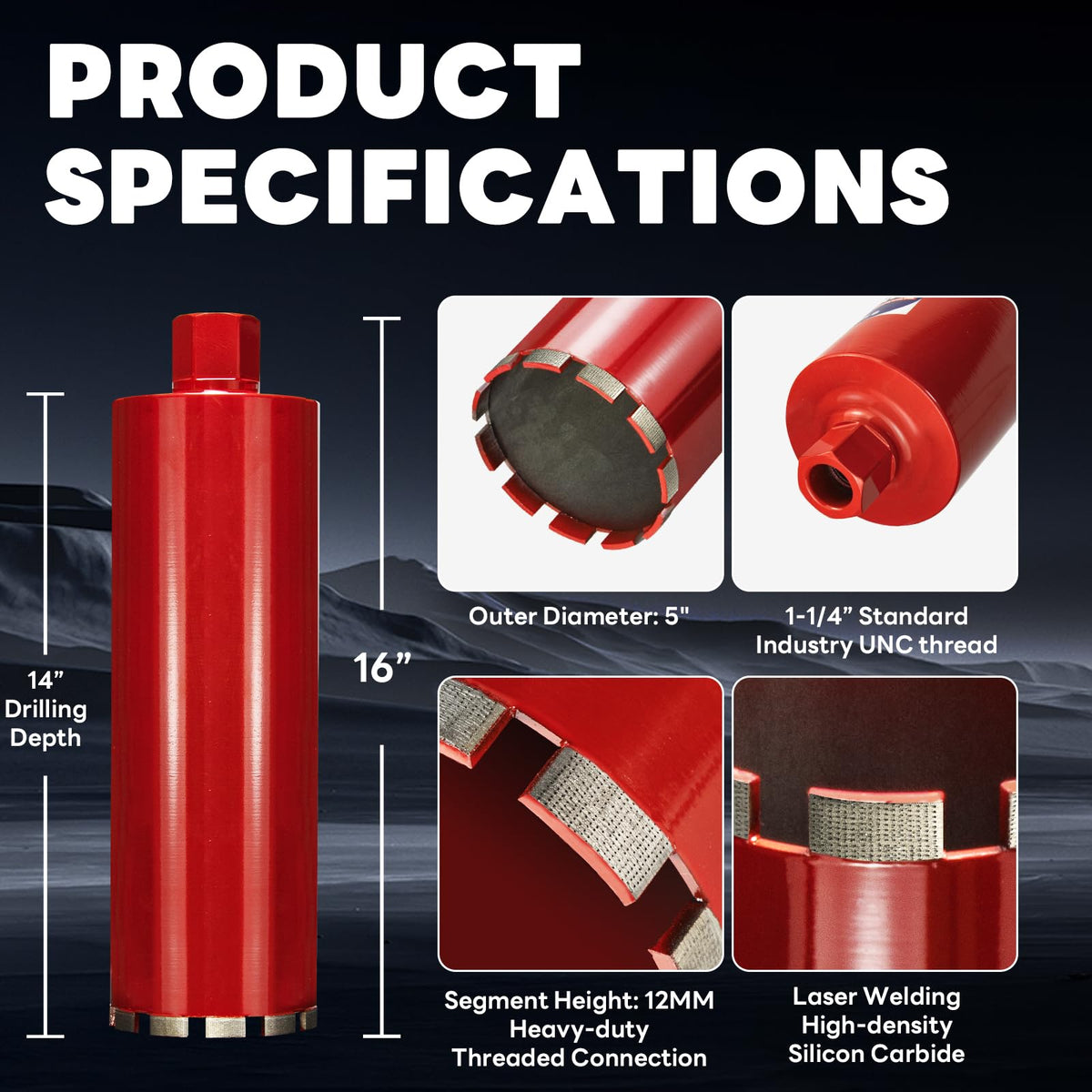 DaduoRi Premium 5" Wet Core Drill Bit for Hard Concrete with High-Density Diamond, Precision-Welded Segments, 1-1/4"-7 UNC x 14" Depth, Industrial Grade for Concrete Rebar, Brick, Masonry, Asphalt