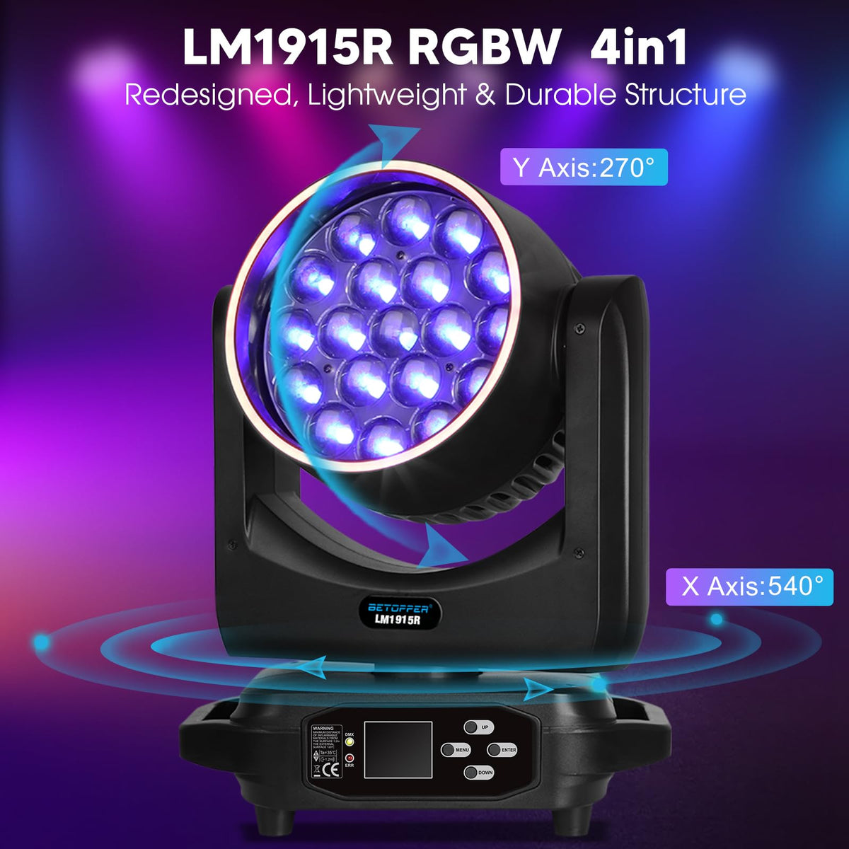BETOPPER Moving Head Light,19x15W RGBW with Light Strip Effect Moving Head Stage Spotlight,Lightweight Disco DJLight for Party Wedding Club Bars Show（1）