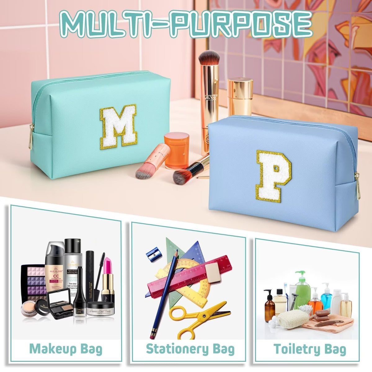 TOPEAST Preppy Makeup Bag, Personalized Initial Bags with Zipper, Cute Makeup Pouch, PU Leather Waterproof Cosmetic Bag, Birthday Gift for Daughter, Preppy Things for Girls (Blue A)