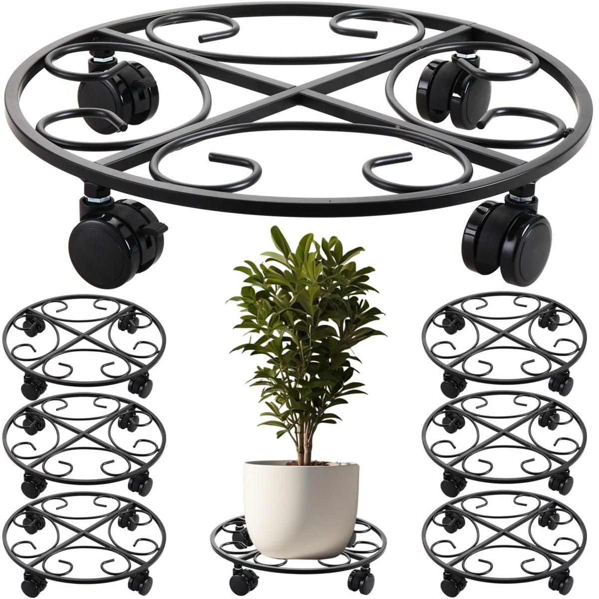6-pack 15.8 inches Extra-large Metal Plant Caddy with Wheels Rolling Plant Stands Wheeled Plant Dolly Coasters Heavy-duty Pot Mover Roller Base Indoor Outdoor Garden Planter Trolley Cart, Black