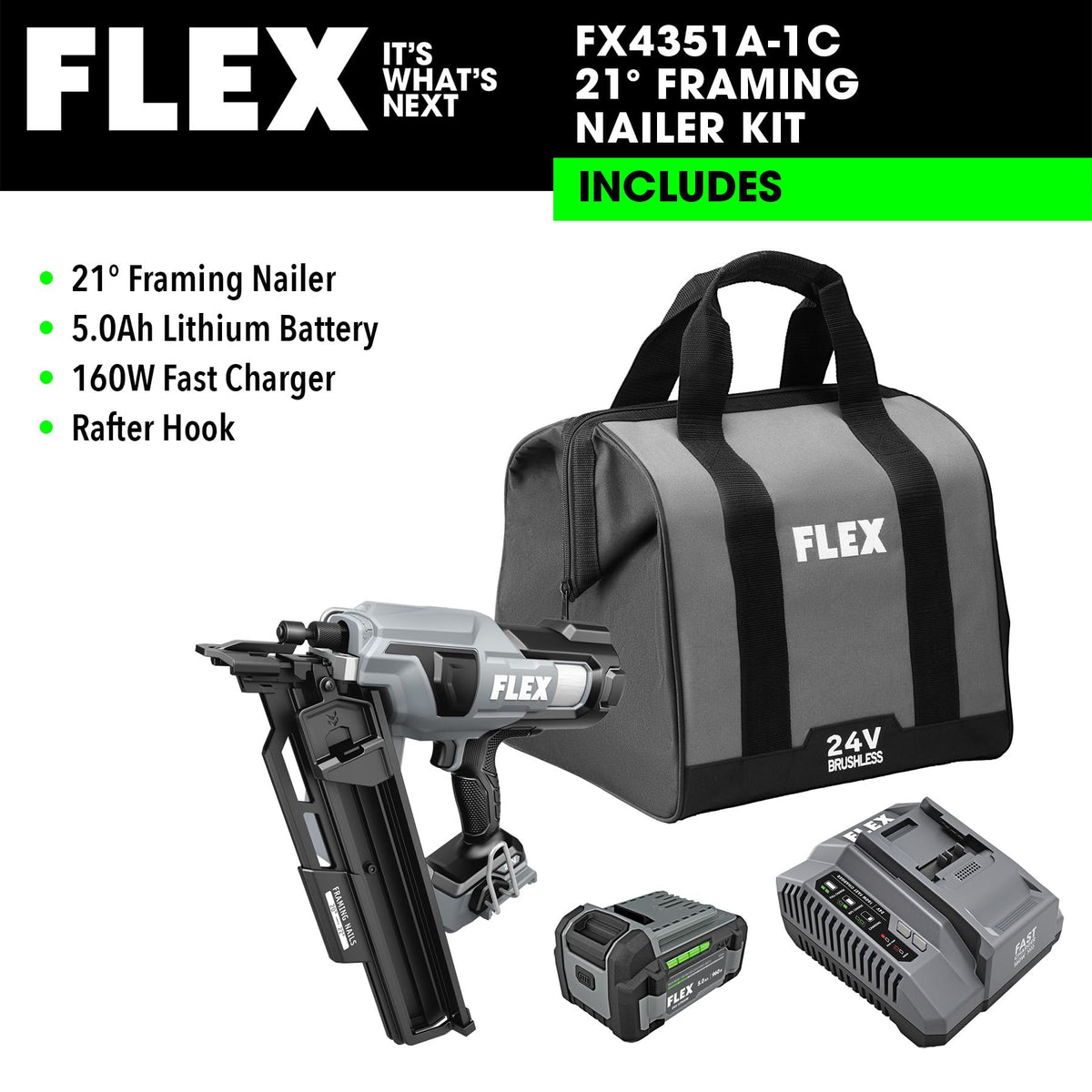 FLEX 24V Brushless 21° Framing Nailer Kit, Zero Ramp-up Time, 3 Nails/Sec, Ideal for Framing, Sheathing and Decking, w/ 5.0Ah Lithium Battery & 160W Fast Charger - FX4351A-1C