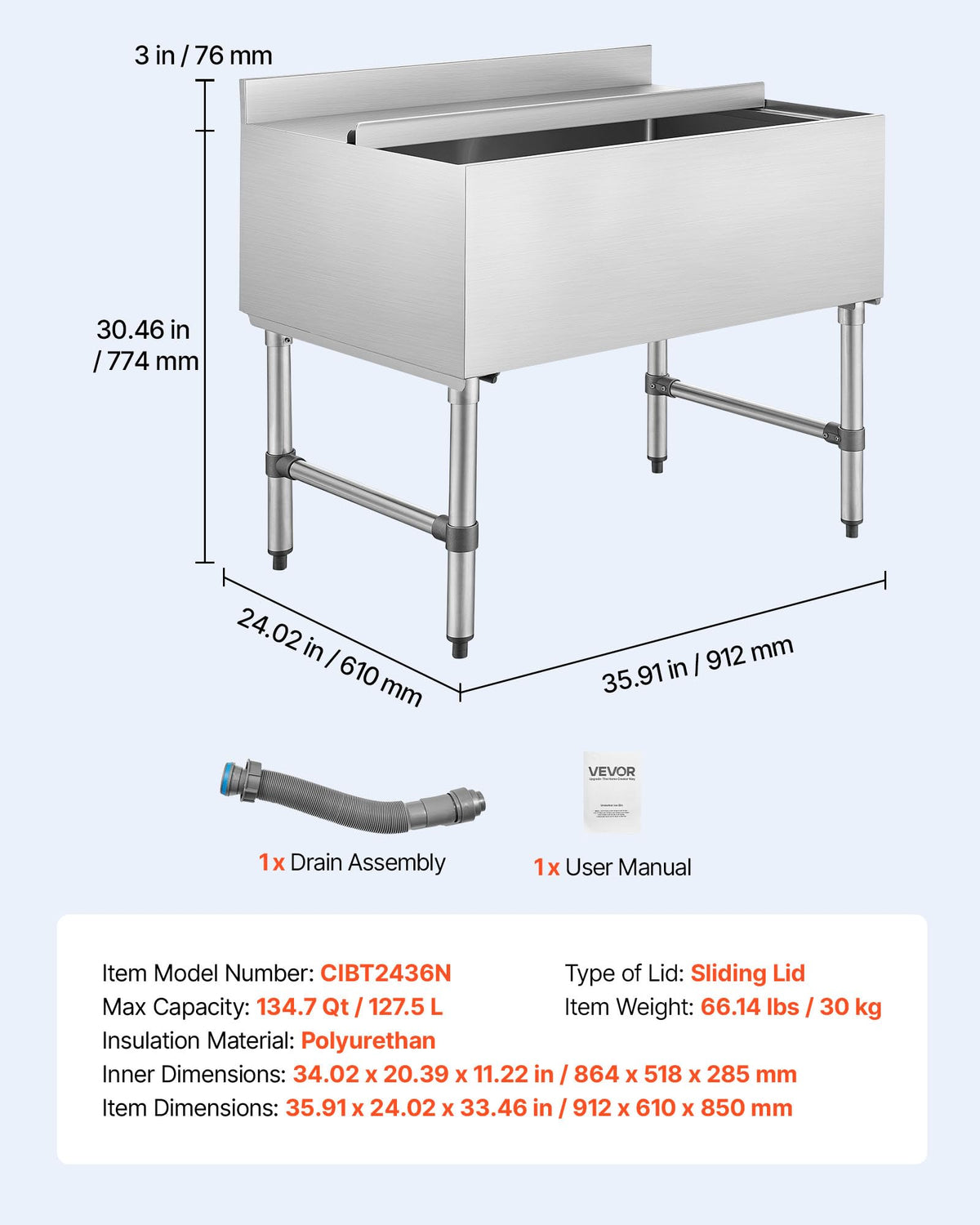 VEVOR Commercial Ice Bin, 134.7 Qt Max Capacity, 36 x 24 x 33 Inch Stainless Steel Ice Chest with Sliding Lid, 24H Long-Lasting Insulation, Cooler Cart Cocktail Unit for Bar Restaurant Pub, NSF