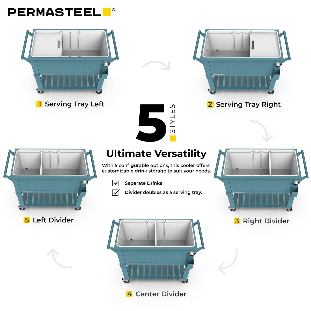 Permasteel Party Cooler with Divider, Spacious 80-Qt Capacity, Chills 36hrs, Serving Tray, Rolling Ice Chest for Indoor and Outdoor Entertainment, Matte Teal