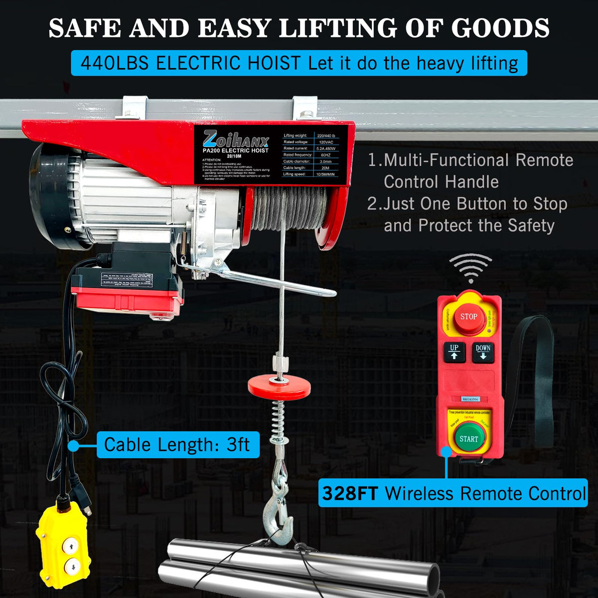 2 in 1 Electric Hoist,440 lbs Attic Lift Electric Hoist 110 Volt with Remote Control,16ft/33ft Lifting Speed,328ft Wireless/Wire Electric Hoist Winch for Garage,Warehouse,Factory,Construction Site